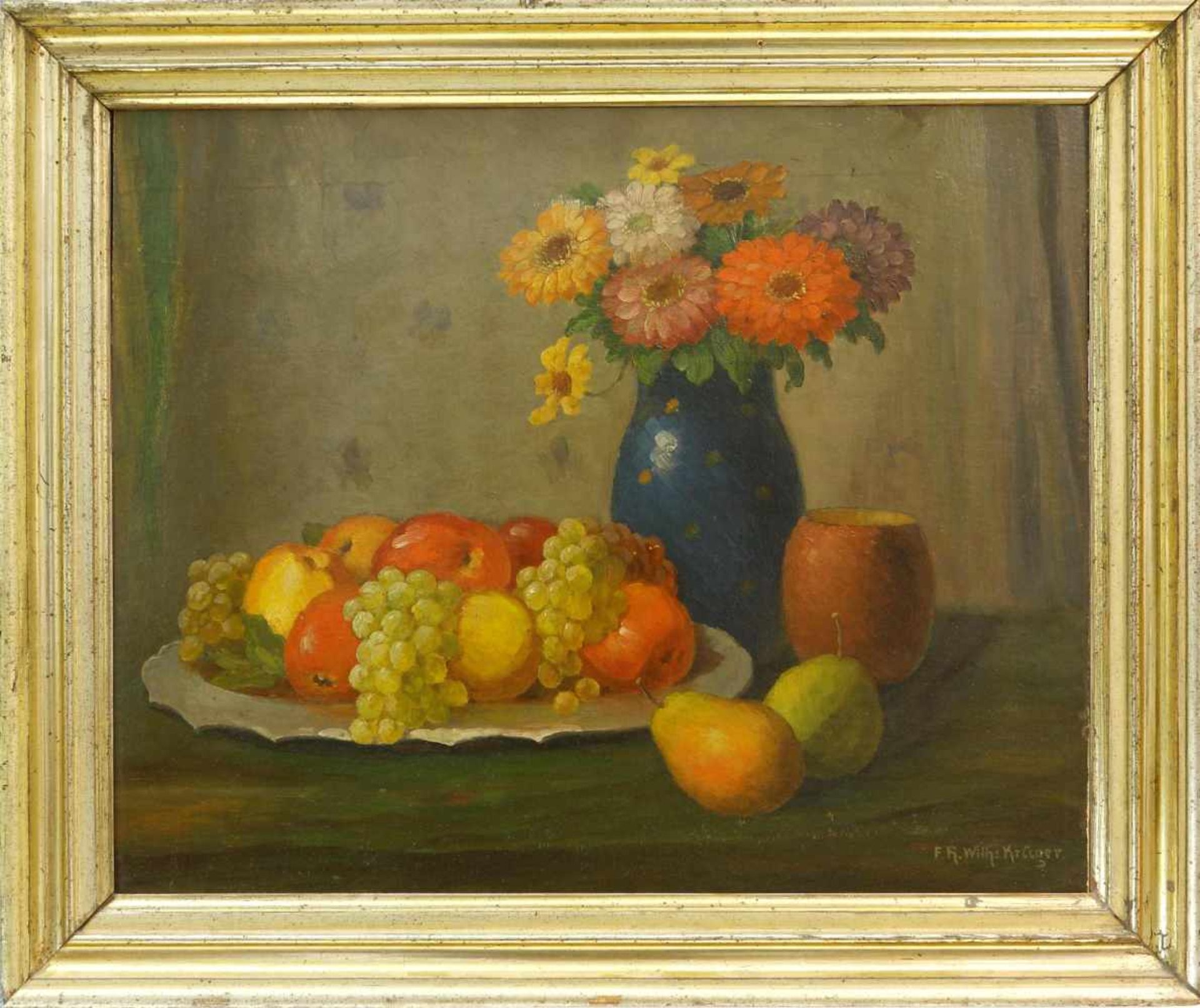 Krüger, Wilhelm (1860 Berlin, tätig ebd.)Stillleben mit Früchten und Blumen. Öl auf Malkarton. 47 - Bild 2 aus 3