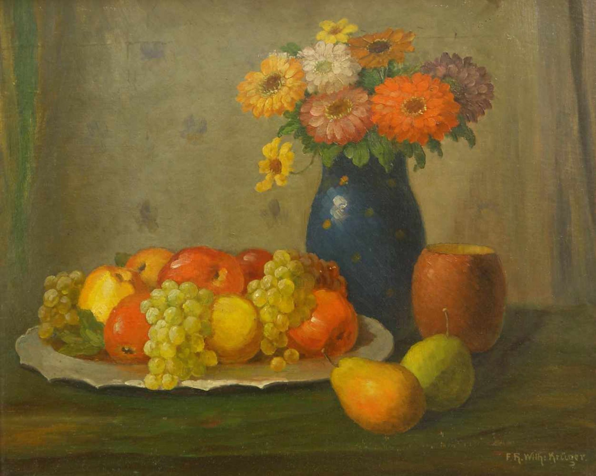 Krüger, Wilhelm (1860 Berlin, tätig ebd.)Stillleben mit Früchten und Blumen. Öl auf Malkarton. 47