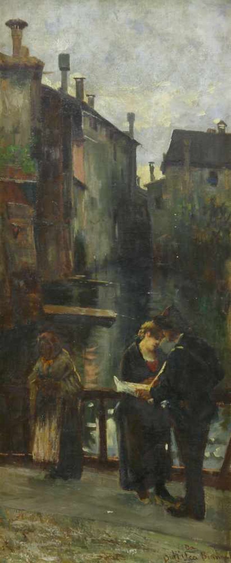 Dall`Ora Bianca, Angelo (1858 Verona - 1942 ebd.)Drei Personen auf einer Kanalbrücke (Paesaggio
