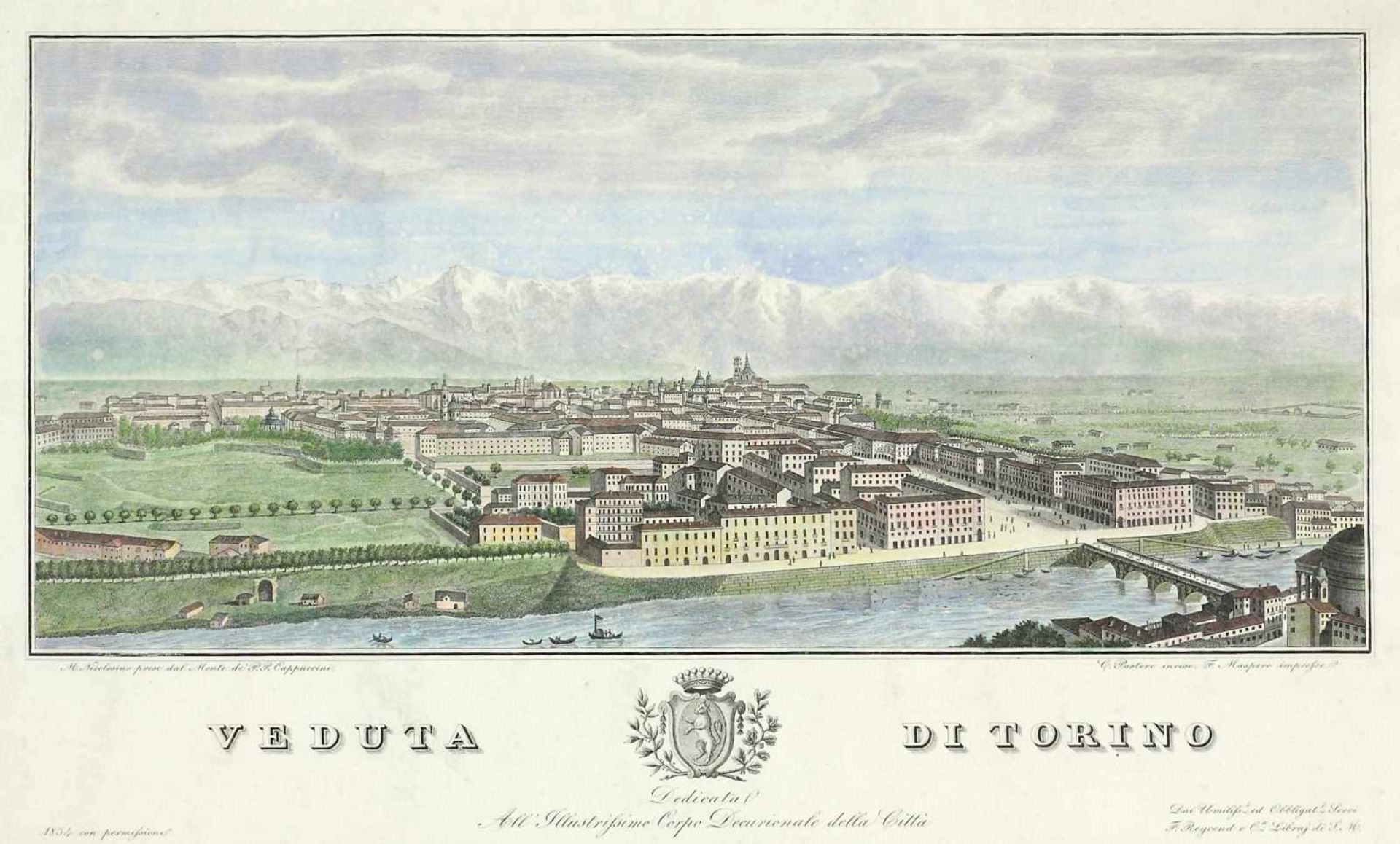 Italien, Turin, Ansicht, 19. Jh. Veduta di Torino. Kolorierte Radierung. 26,5 x 45 cm, Bg. 38,5 x 56