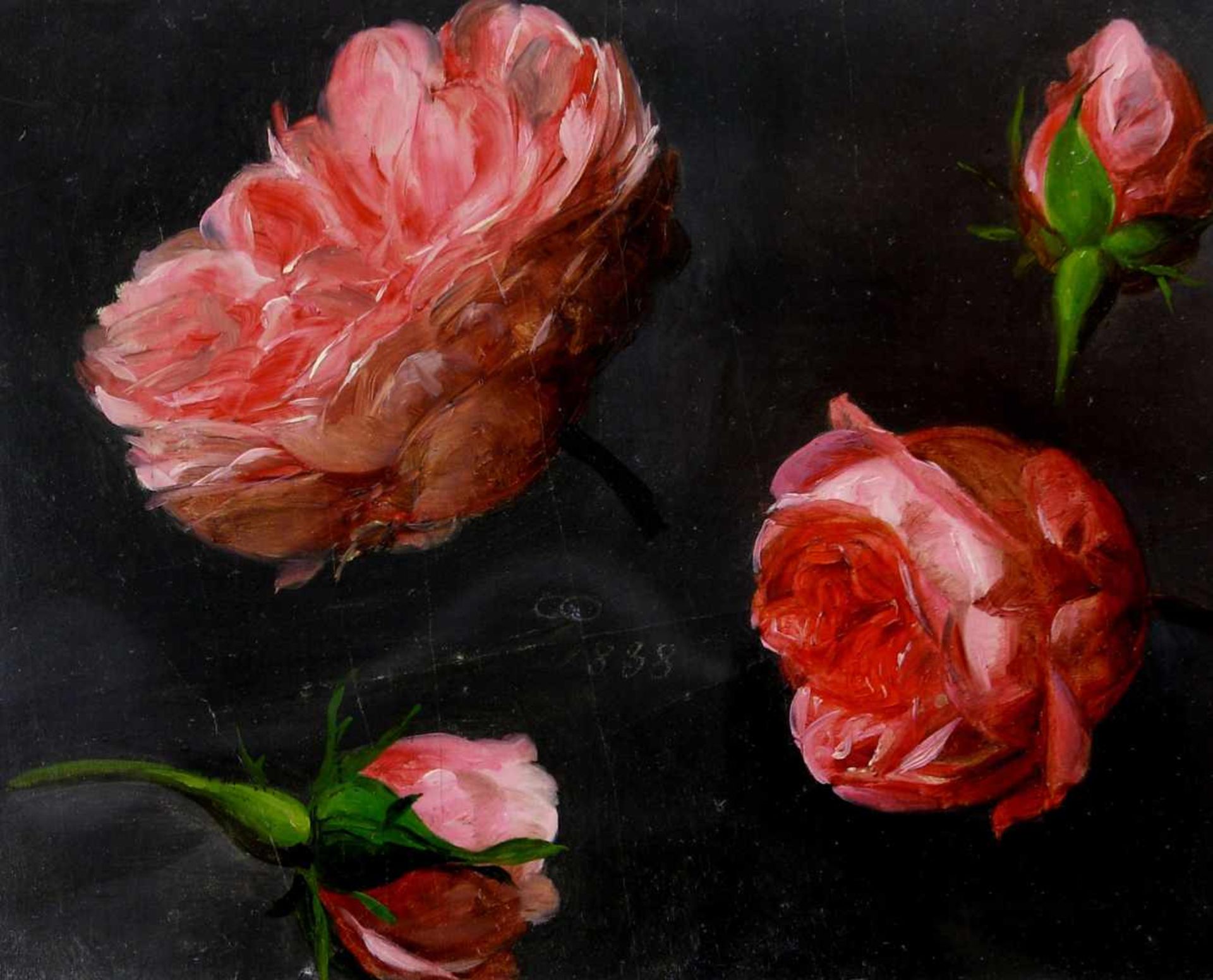 Küss, Ferdinand (1800 Wien - 1886 Pörtschach am See)Rosen. 1838. Öl auf Leinwand, ohne Keilrahmen.