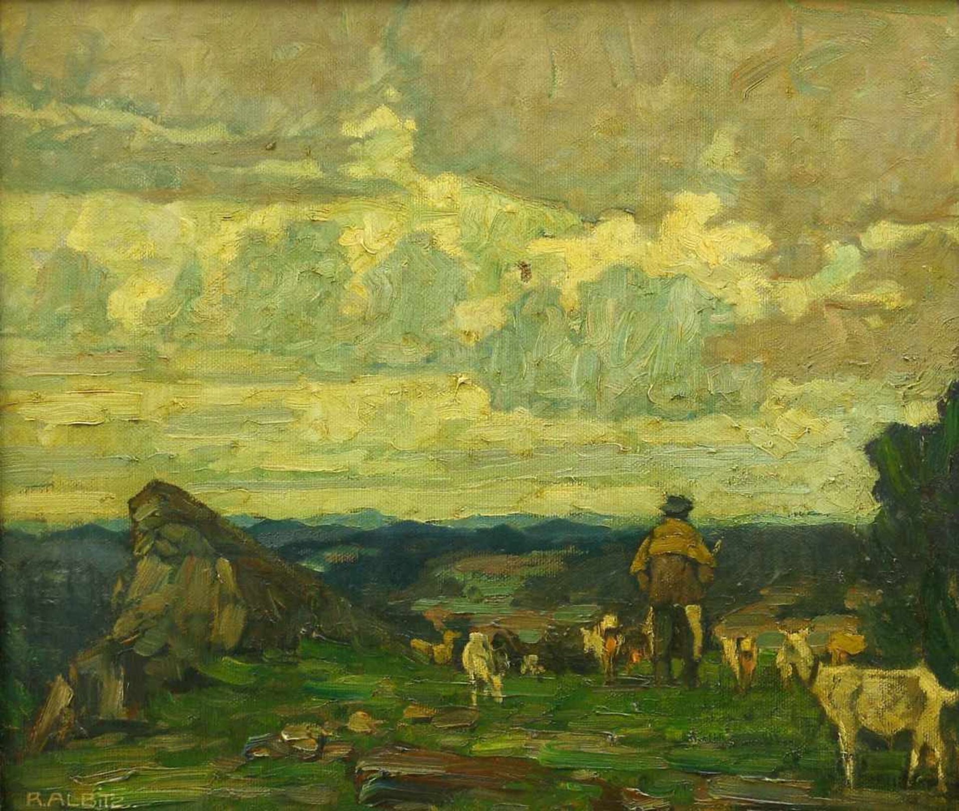 Albitz, Richard (1876 Berlin - 1954 ebd.) Hirte mit Ziegen in weiter Landschaft. Öl auf Leinwand.