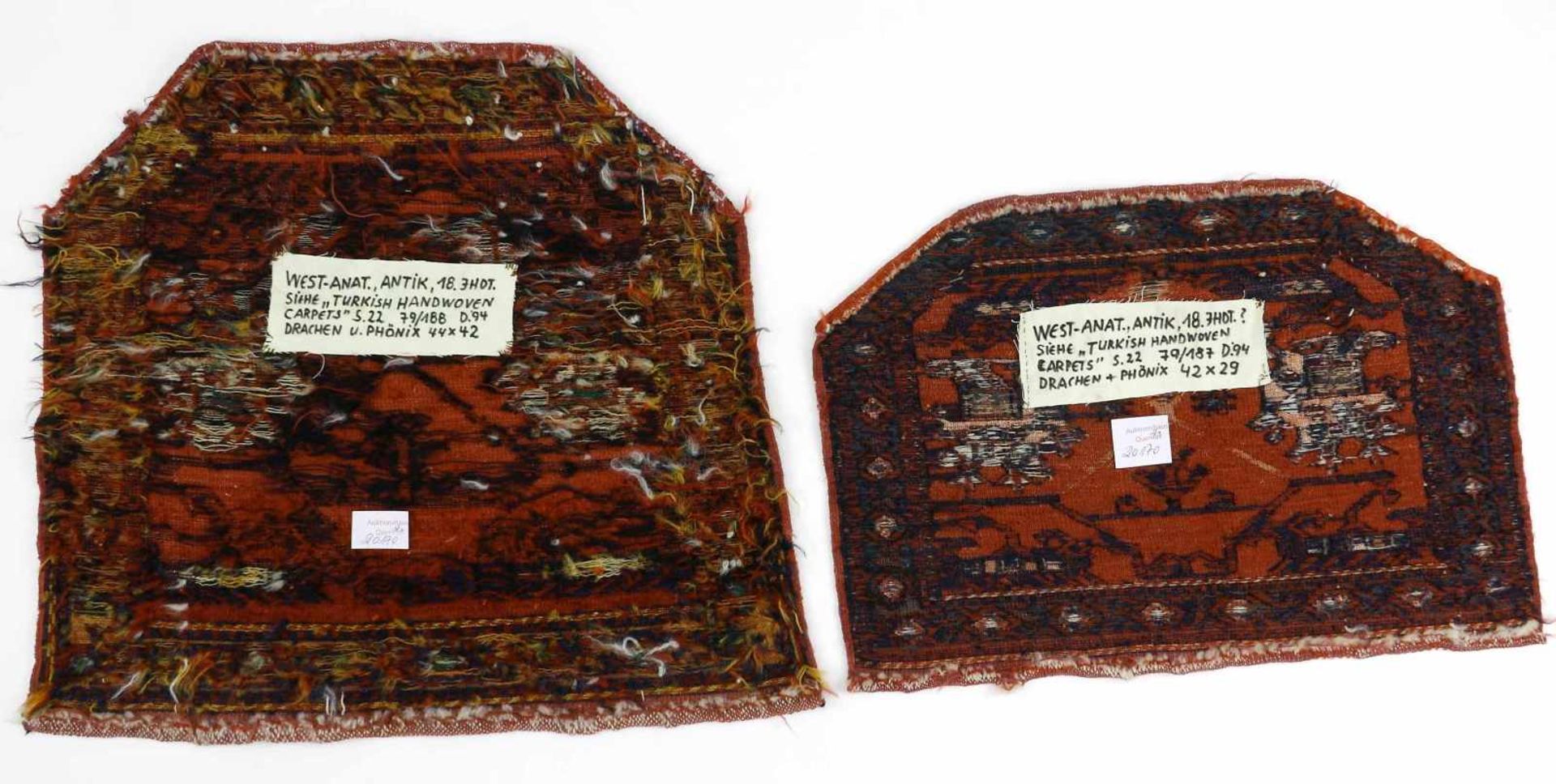 Teppich, Taschenfront, Westanatolien, 18. Jh., zwei StückDekor von Drachen und Phönix. Sumakh - - Bild 2 aus 2