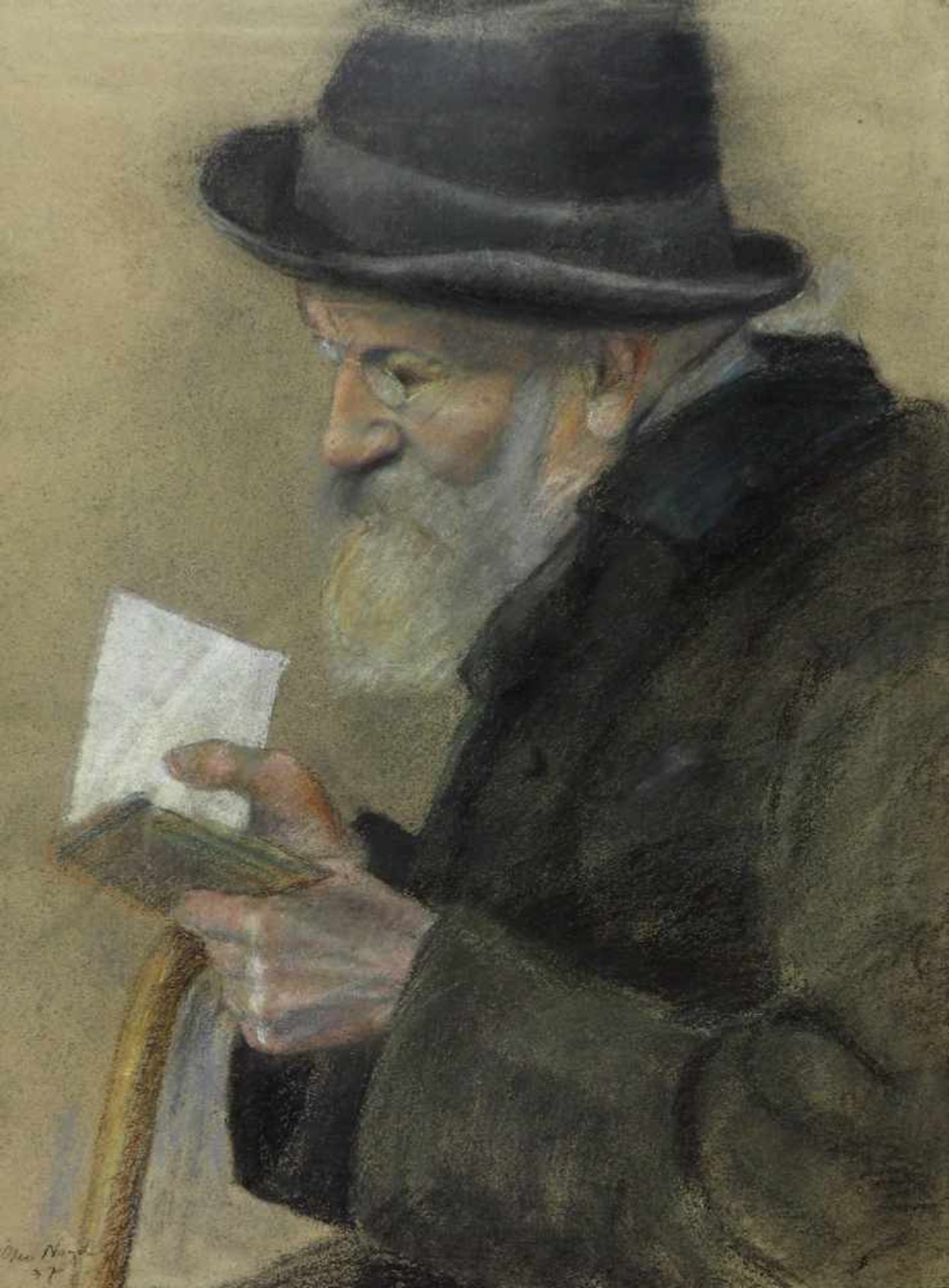 Nagel, Otto (1894 Berlin - 1967 ebd.)Lesender Mann mit weißem Bart, mit Hut und Stock. 1937. Farbige