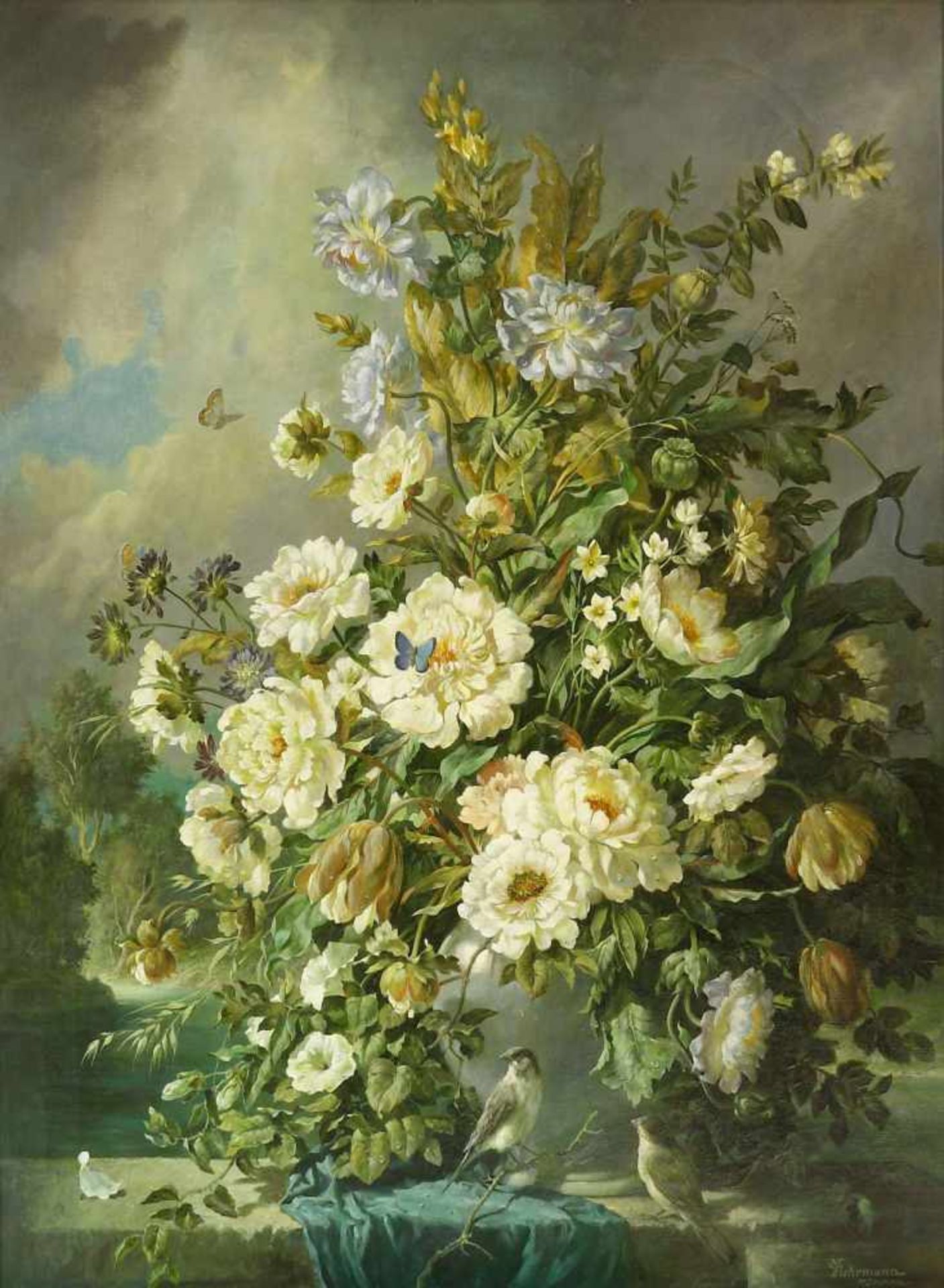 Fuhrmann, Max d. Ä. (1860 München - 1908 ebd.)Opulentes Blumenstillleben mit Vögeln und