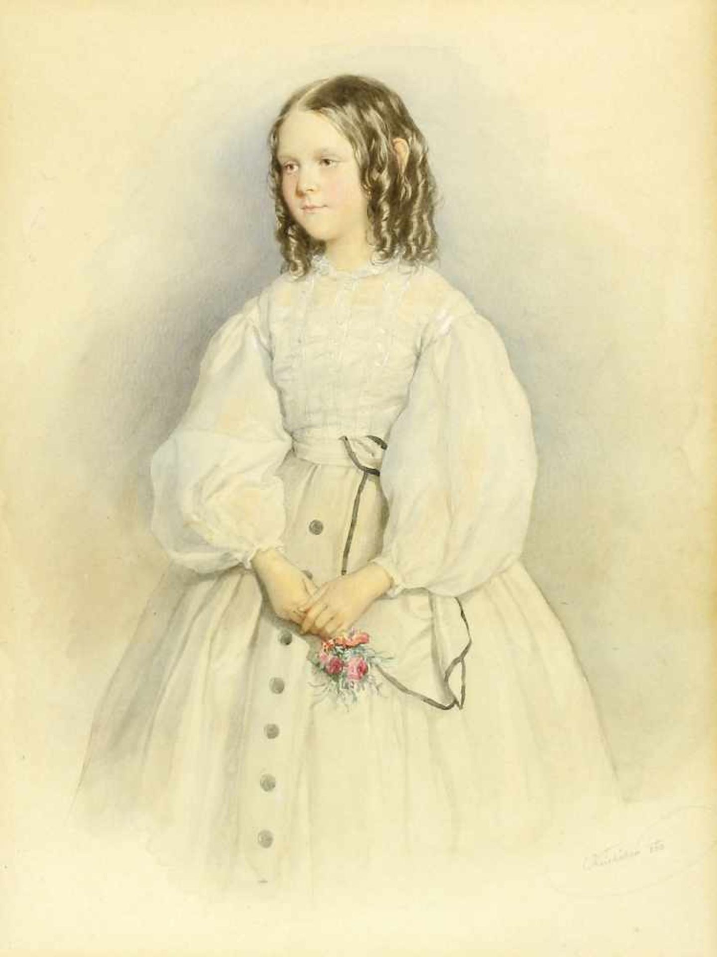 Kriehuber, Josef (1800 Wien - 1876 ebd.)Mädchen in weißem Kleid mit Rosenstrauß. 1863. Aquarell