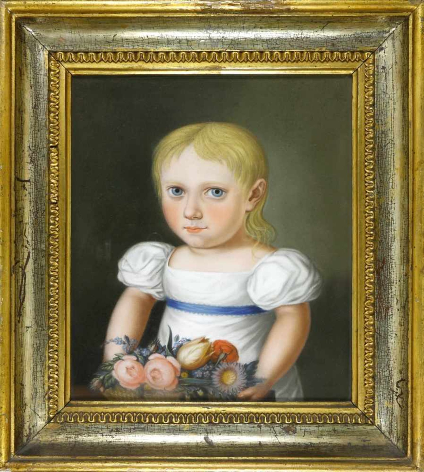 Porträtmaler, 1. Hälfte 19. Jh.Kinderdarstellung mit Blumenkorb. Pastell. 29 x 24,5 cm. Unter Glas - Bild 2 aus 2