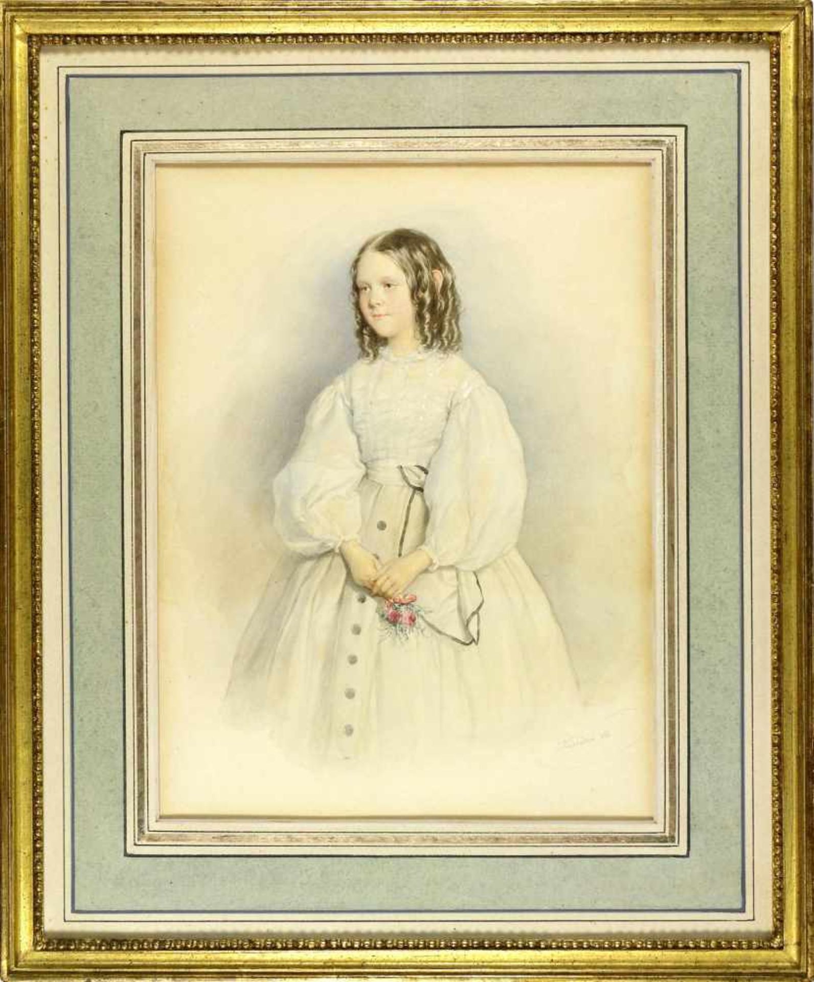 Kriehuber, Josef (1800 Wien - 1876 ebd.)Mädchen in weißem Kleid mit Rosenstrauß. 1863. Aquarell - Bild 2 aus 2