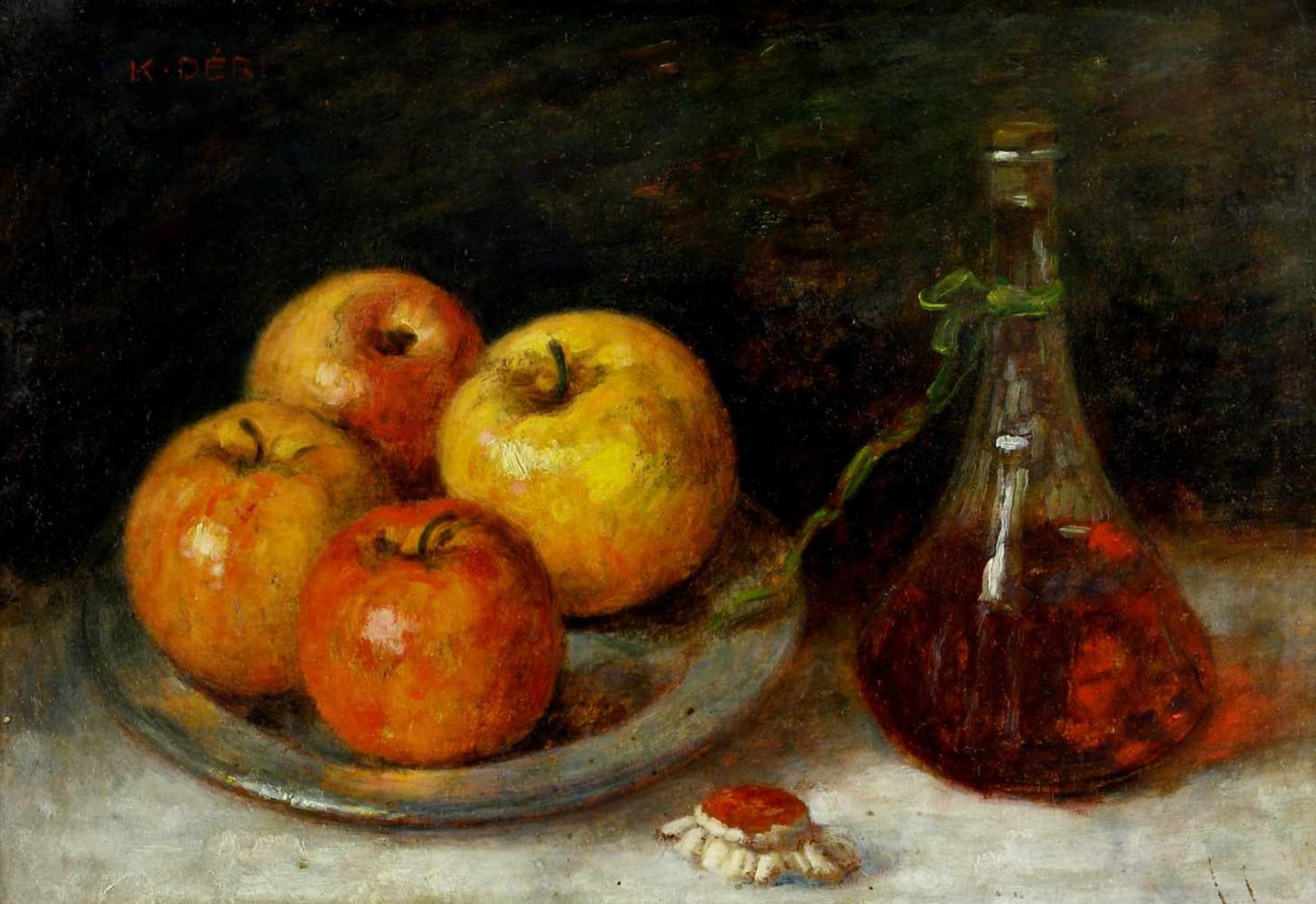 Déri, Kálmán (1859 Batsch - 1940 München)Stillleben mit Äpfeln und Karaffe. Öl auf Malkarton. 32 x