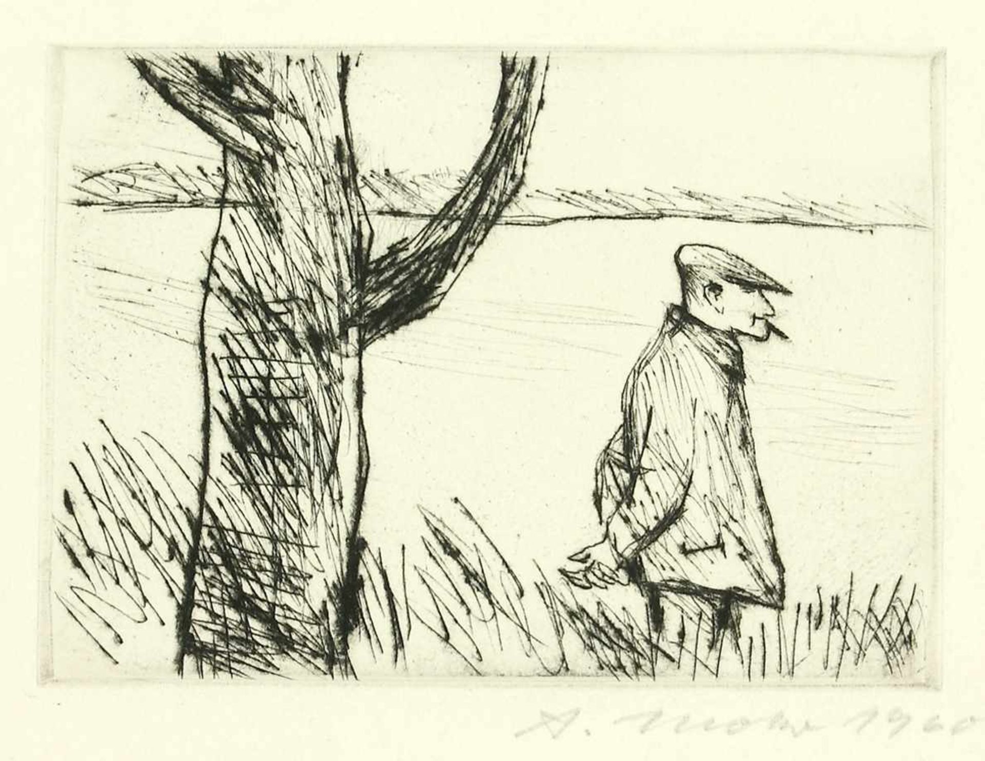 Mohr, Arno (1910 Posen - 2001 Berlin)Brecht in Buckow. 1960. Kaltnadelradierung. 10 x 13,8 cm, Bg.