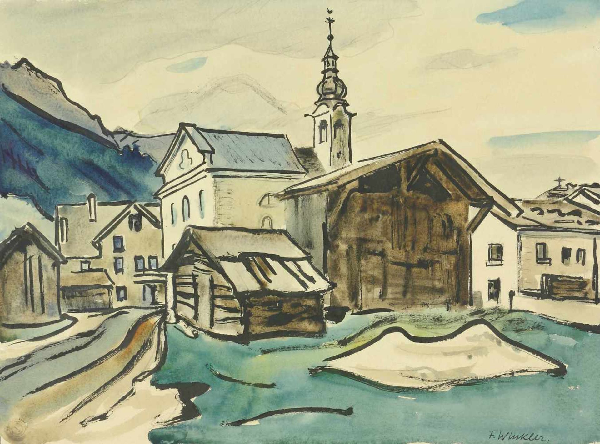 Winkler, Fritz (1894 Dresden - 1964 ebd.)Gebirgslandschaft mit kleiner Ortschaft. Aquarell und