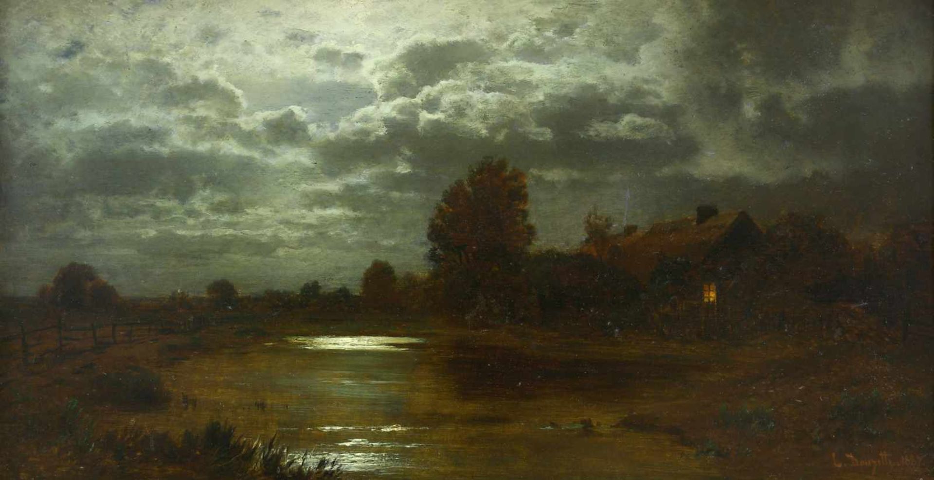 Douzette, Louis (1834 Triebsees/Pommern - 1924 Barth, Ostsee)Landschaft bei Mondschein. 1887. Öl auf