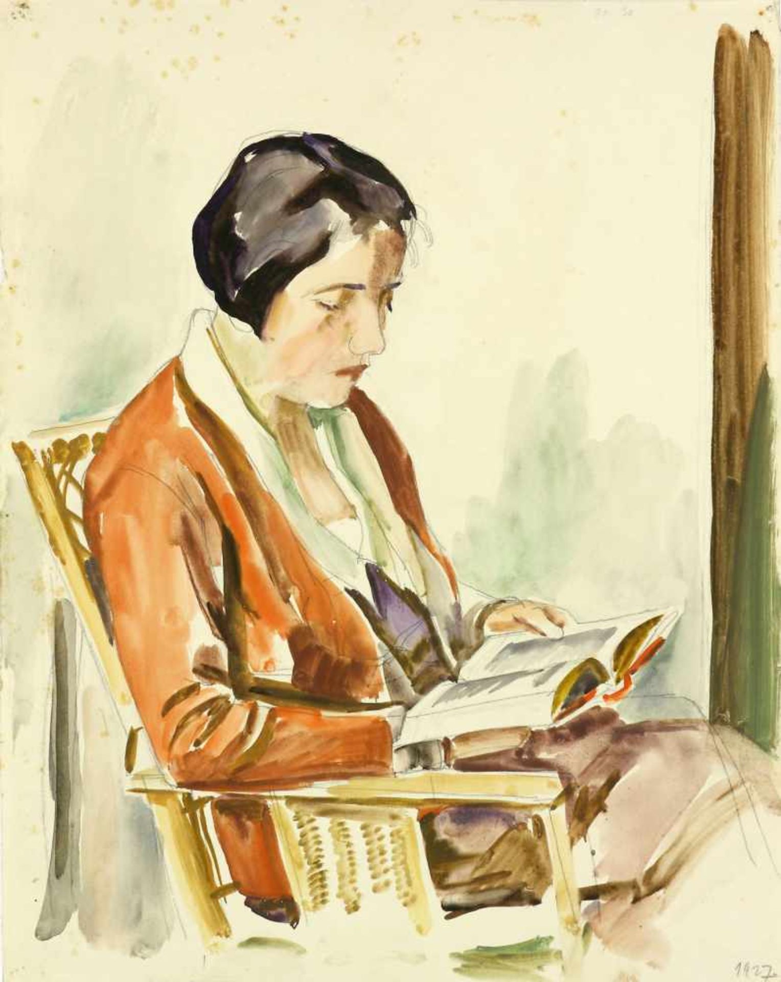 Hartmann, Erich (1886 Elberfeld - 1974 Hamburg)Sitzende lesende Frau. 1927. Aquarellierte