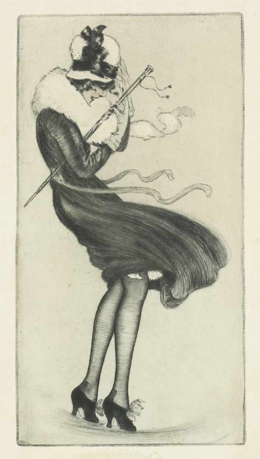 Brüning, Max (1887 Delitzsch - 1968 Lindau)Junge Frau im Windsturm. Radierung auf Karton. Pg. 28,7 x