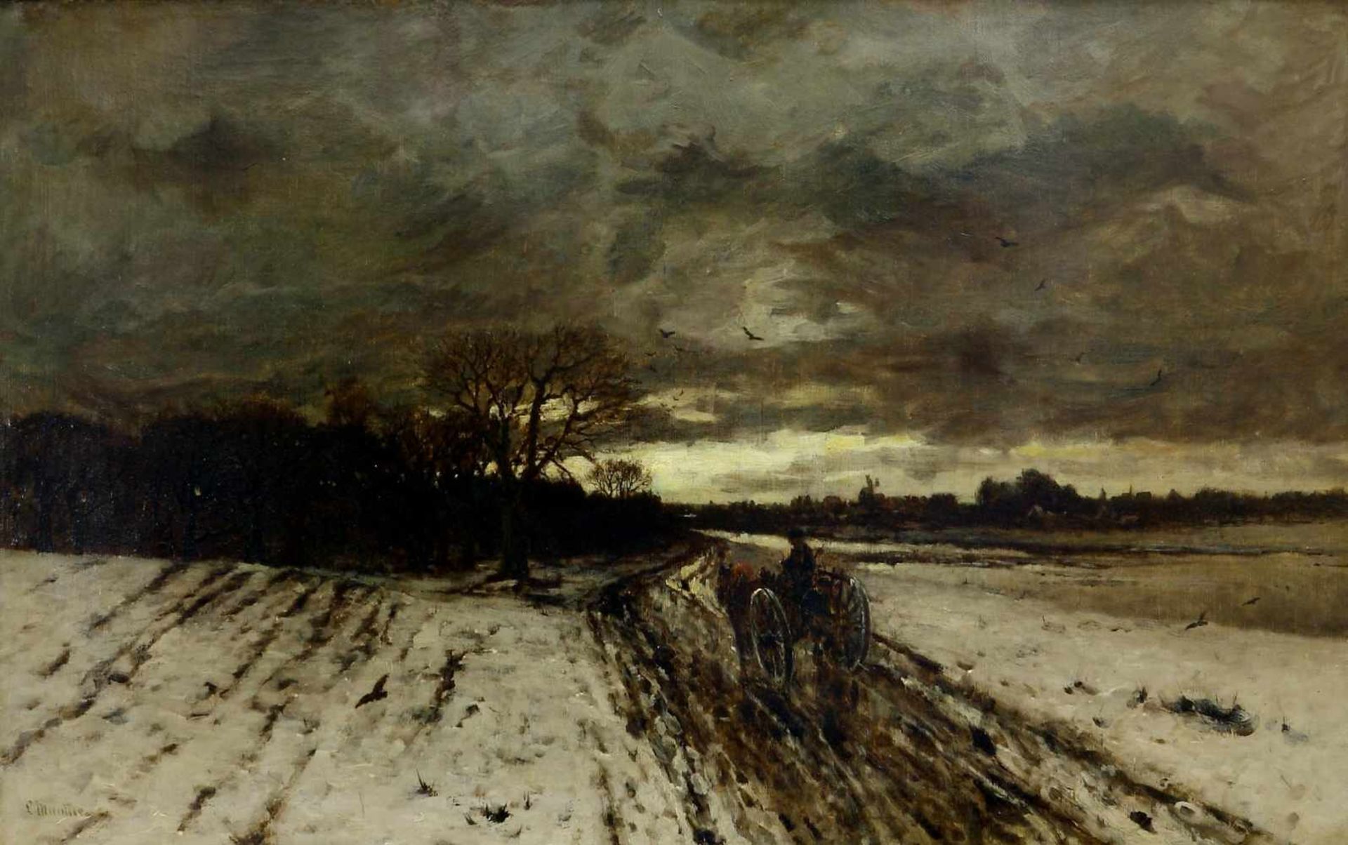 Munthe, Ludvig (1841 Aroy/Sogndal/Norwegen - 1896 Düsseldorf)Heimkehr. Abendliche Winterlandschaft