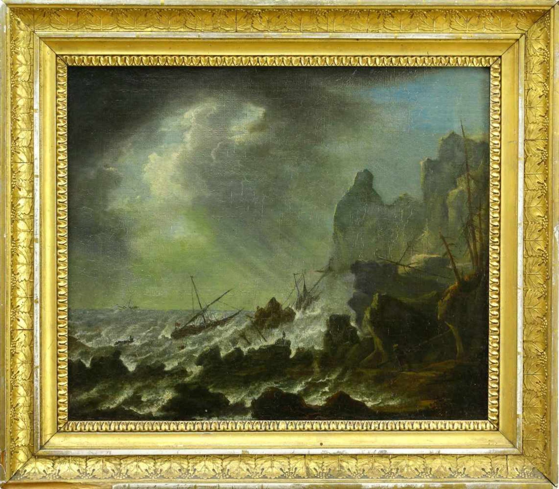 Marinemaler, Ende 18. Jh.Seesturm an felsiger Küste. Öl auf Leinwand, doubliert. 31,5 x 36 cm. - Bild 2 aus 3