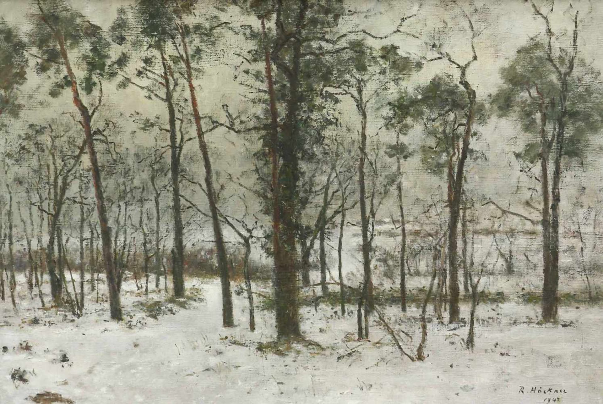 Höckner, Rudolf (1864 Wolkenstein - 1942 Bad Mergentheim)Winterlandschaft mit Laubwald. 1942. Öl auf