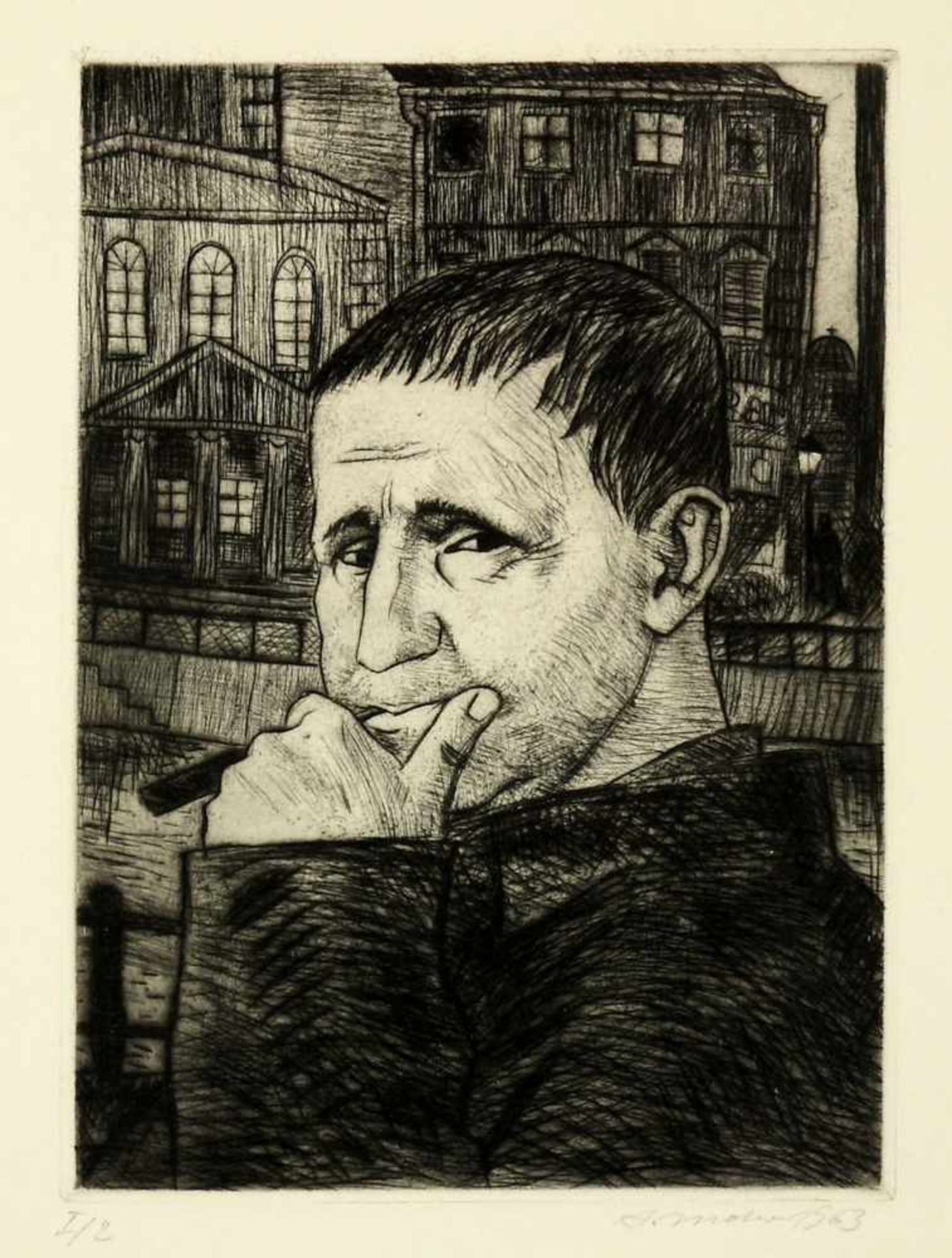 Mohr, Arno (1910 Posen - 2001 Berlin)Bertolt Brecht (mit Zigarre). 1963. Kaltnadelradierung. 34,5