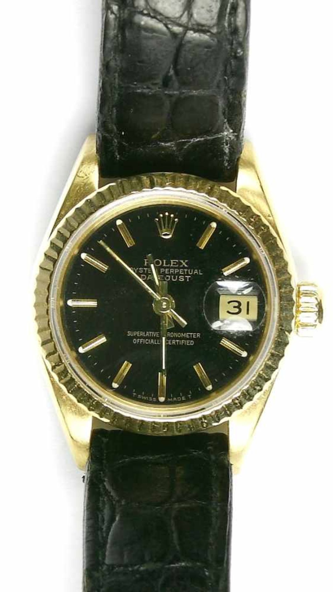 Uhr, Damenarmbanduhr, Rolex, Oyster Perpetual, Datejust, 750er GG. mit Kroko - Lederarmband und