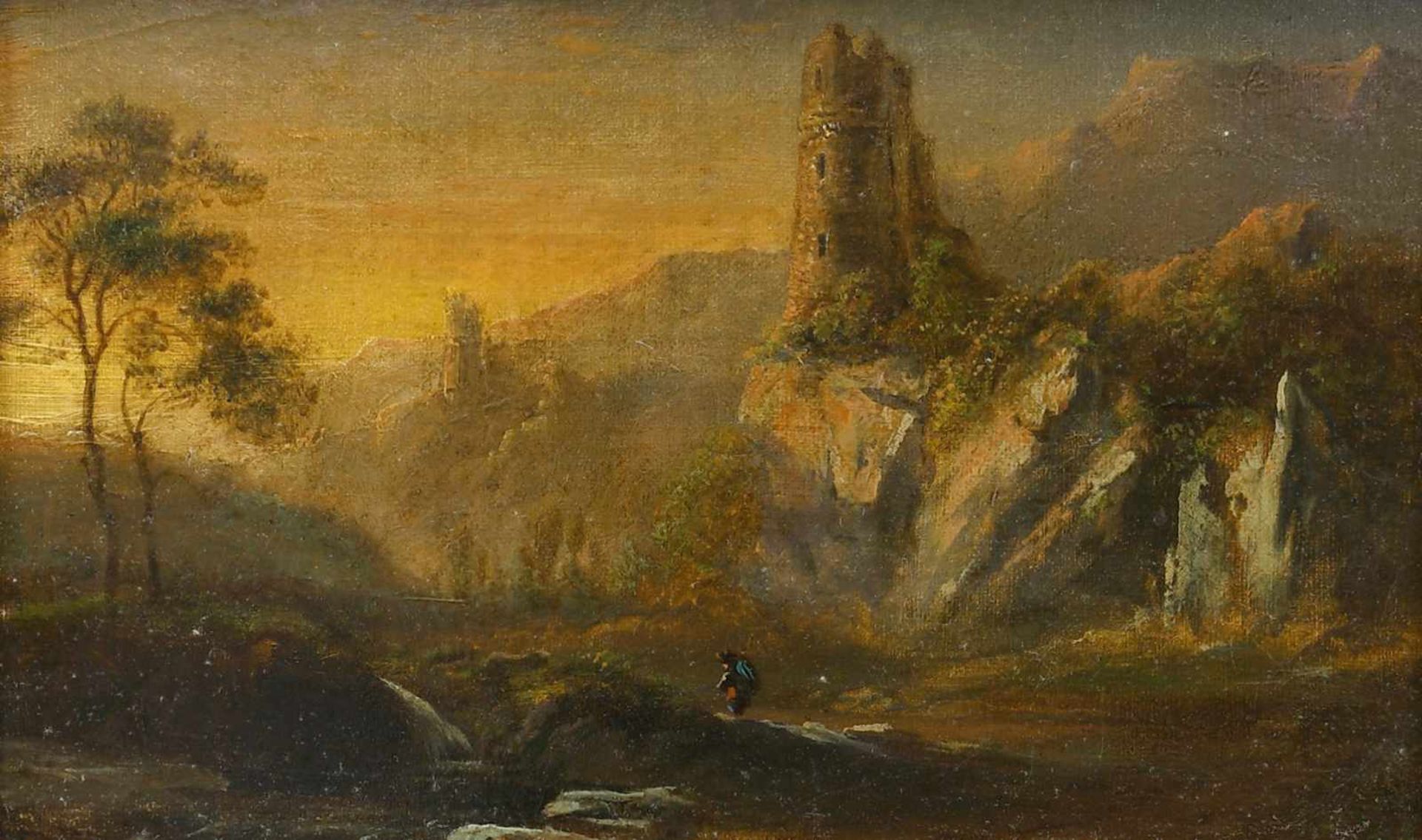 Grund, Norbert Joseph Carl (1717 Prag - 1767 ebd.) NachfolgeLandschaft mit Ruinen und Wanderer. Öl