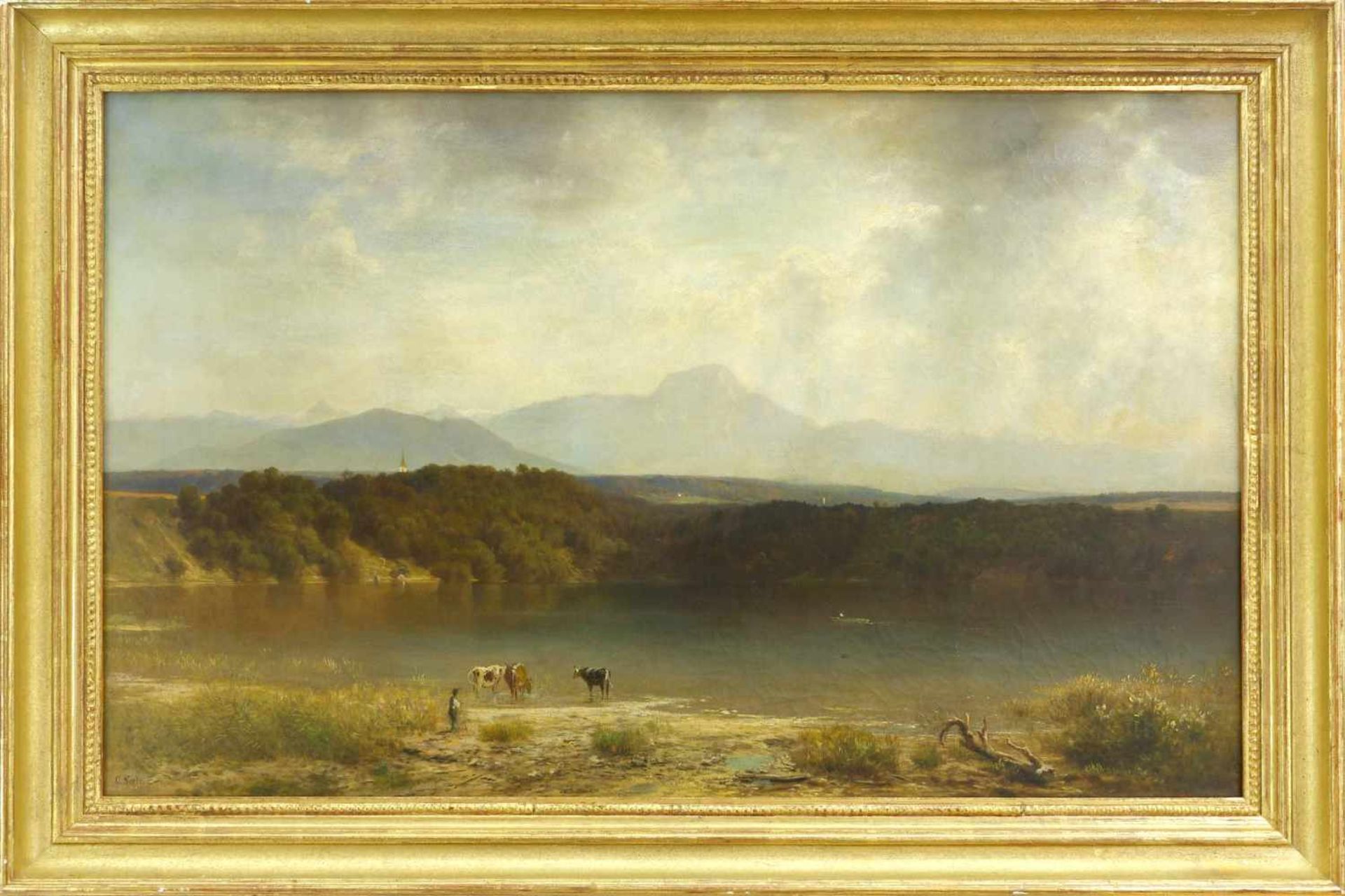 Seele, Alexander Cäsar (1849 Dresden - 1922 München)Voralpenlandschaft mit Kühen am Wasser. 1883. Öl