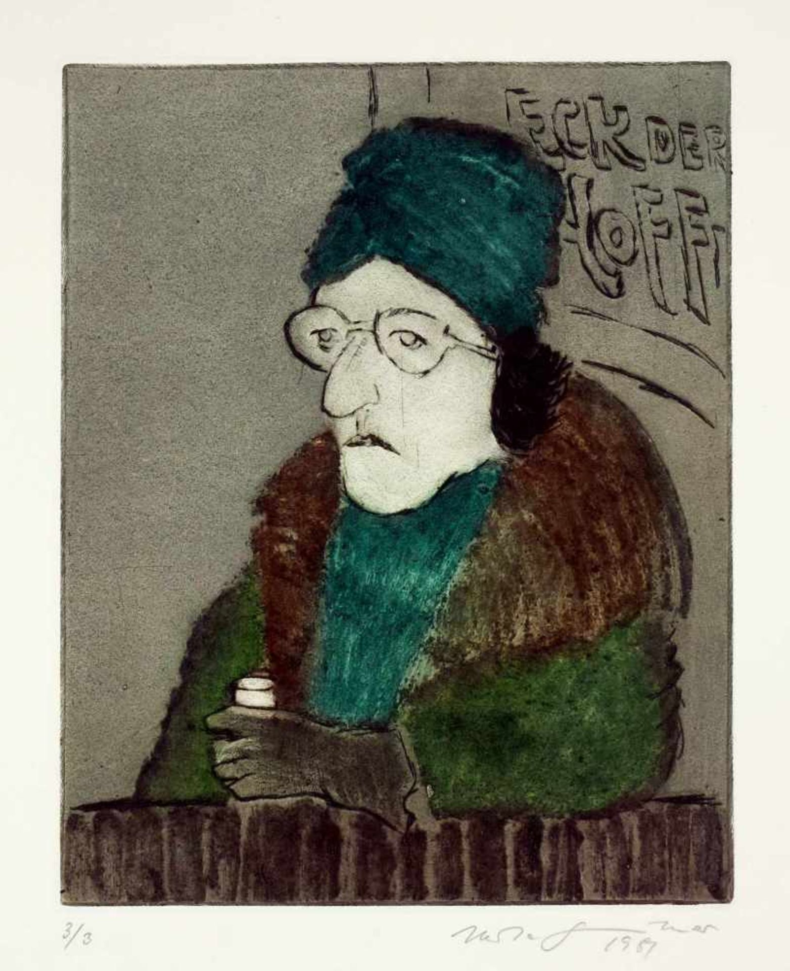 Günther, Herta (1934 Dresden - 2018 ebd.)Frau mit Brille und grüner Kappe. 1981. Farbradierung. 32,4