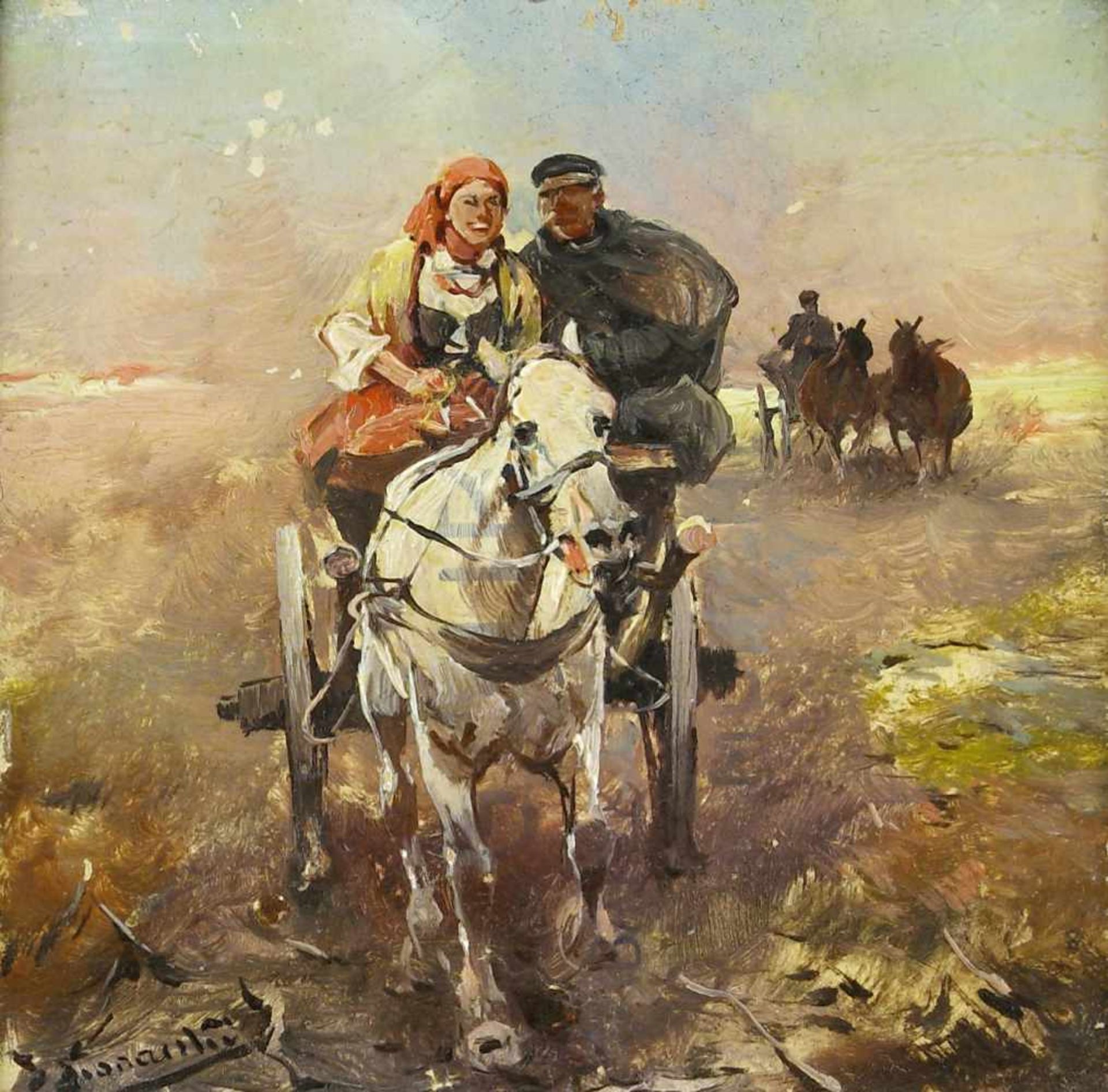 Konarski, Jan (1850 - 1918, Polen)Fahrt mit dem Pferdewagen. Öl auf Holz. 9,2 x 9,3 cm. Links