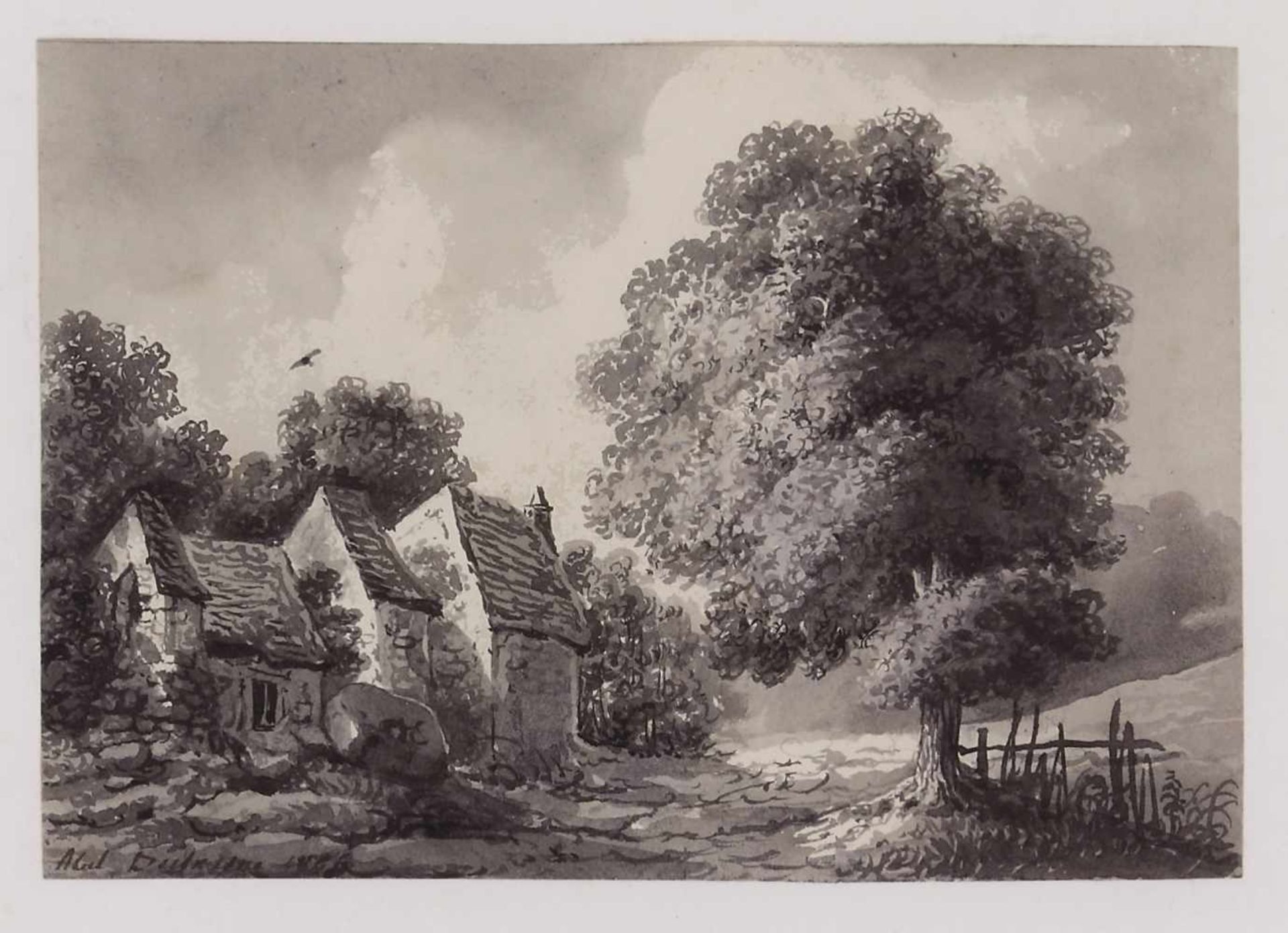 Dufresne, Abel Jean Henri (1788 Etampes - 1862 Paris)Landschaft mit Steinhäusern und großem Baum.