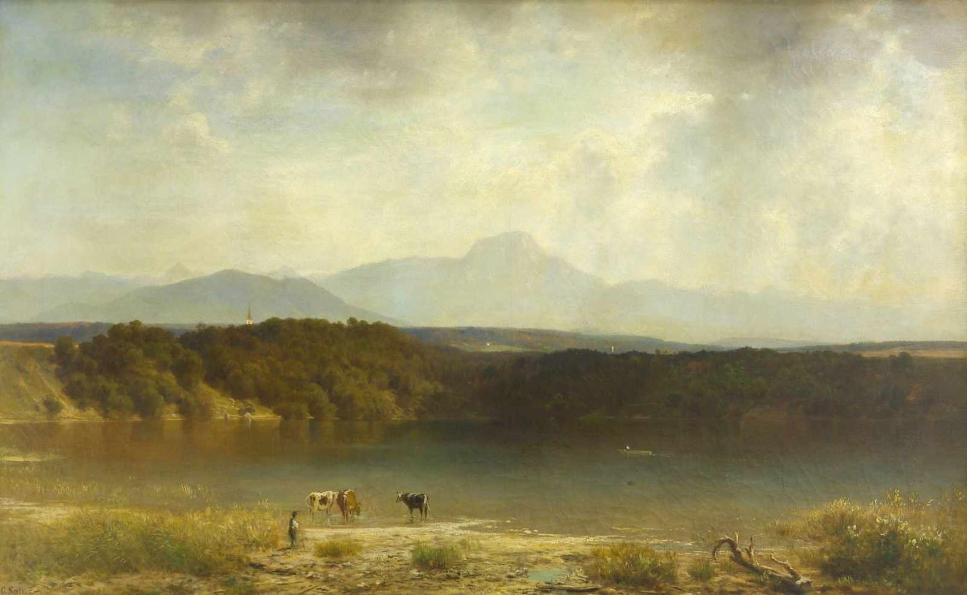 Seele, Alexander Cäsar (1849 Dresden - 1922 München)Voralpenlandschaft mit Kühen am Wasser. 1883. Öl - Bild 3 aus 3
