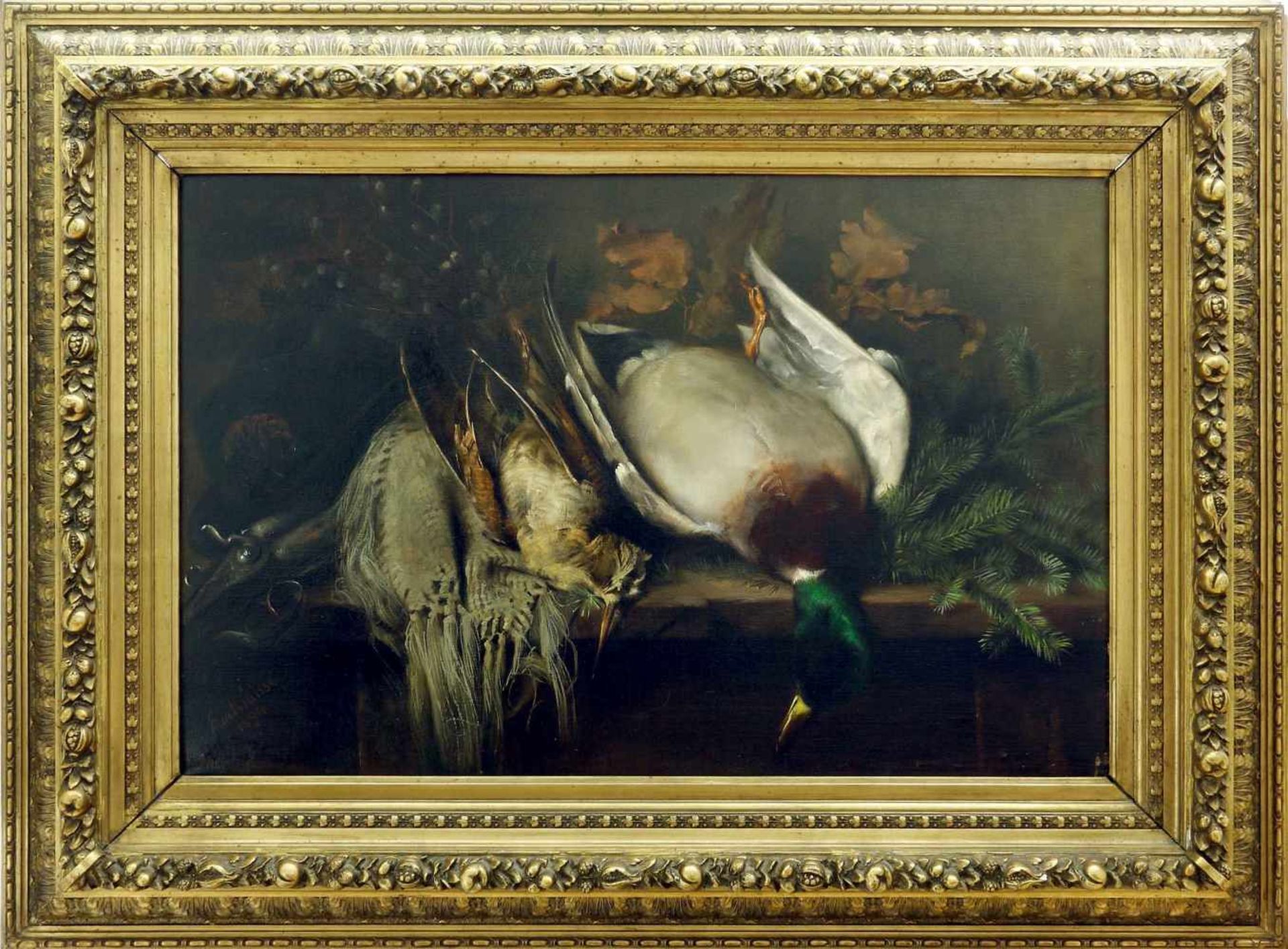 Krause, Emil (Maler des 19. Jh.)Jagdstillleben. 1894. Öl auf Leinwand. 50 x 75 cm. Links unten - Bild 2 aus 3