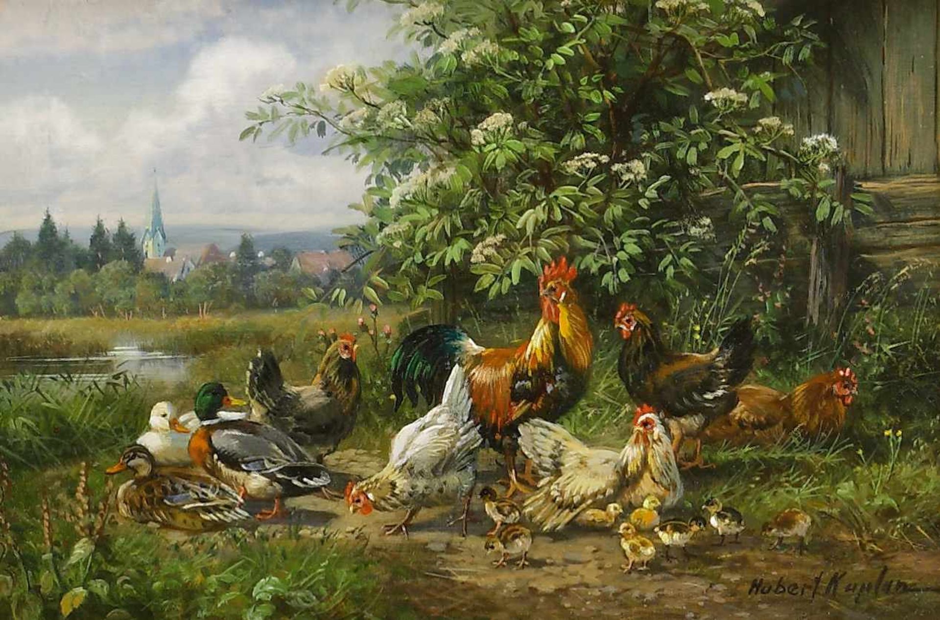 Kaplan, Hubert (1940 München)Hühnerschar mit Küken und Enten in Sommerlandschaft. Öl auf Holz. 10