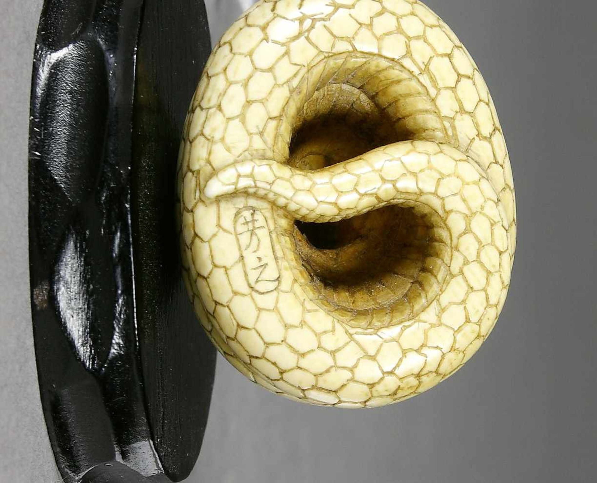 Japan, Netsuke, Elfenbein, MeijiSchlange, zur Pyramide aufgerollt. Eingelegte Glasaugen. H.: 3,3 cm. - Bild 3 aus 3