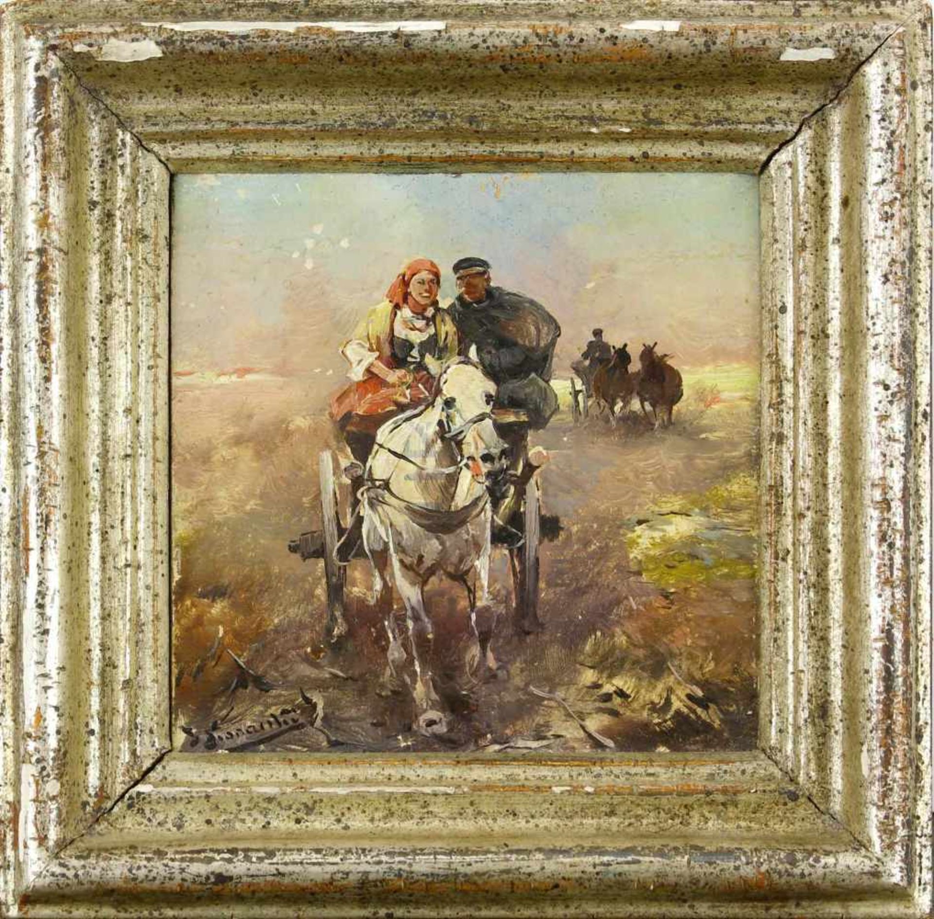Konarski, Jan (1850 - 1918, Polen)Fahrt mit dem Pferdewagen. Öl auf Holz. 9,2 x 9,3 cm. Links - Bild 2 aus 3