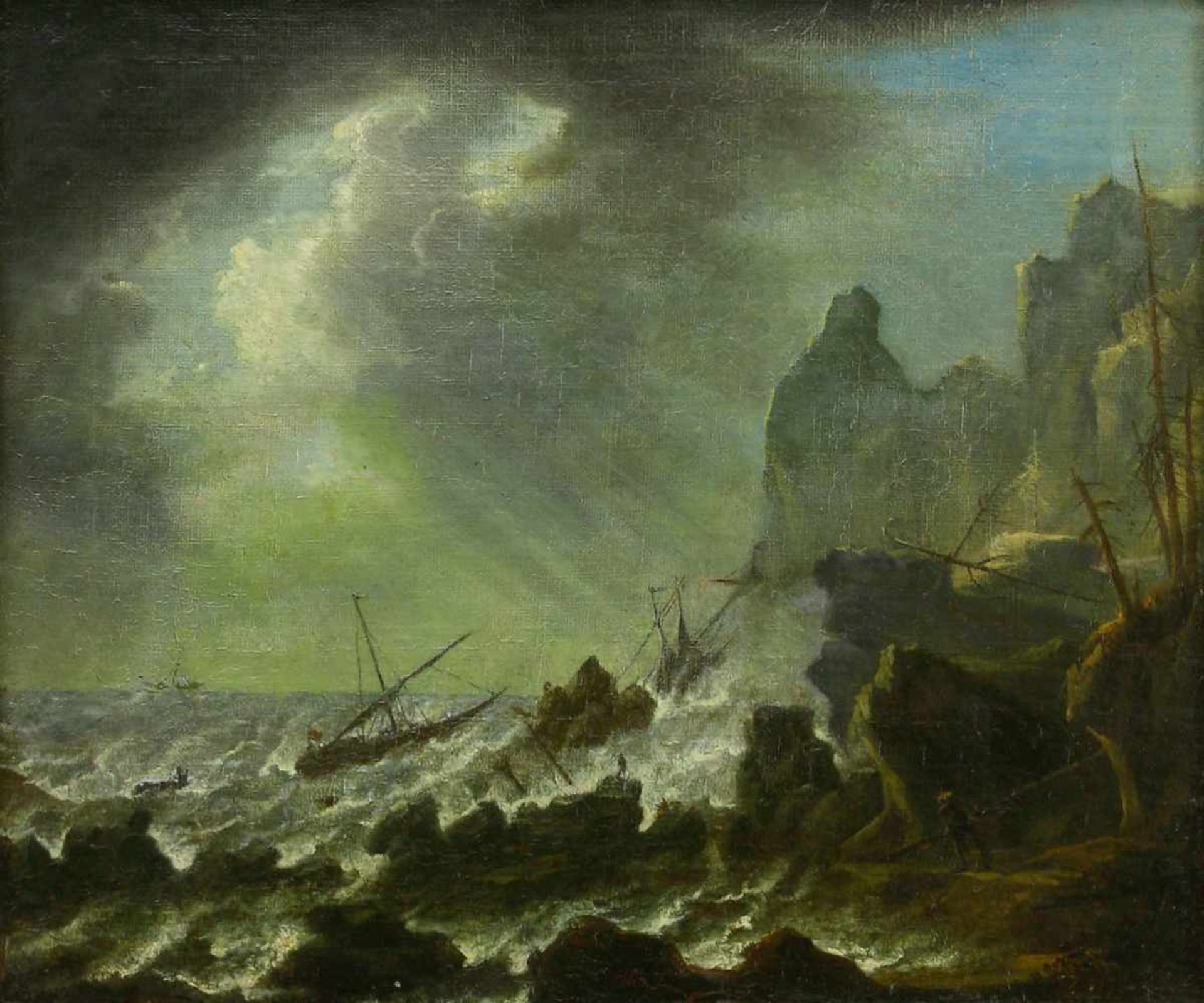 Marinemaler, Ende 18. Jh.Seesturm an felsiger Küste. Öl auf Leinwand, doubliert. 31,5 x 36 cm.