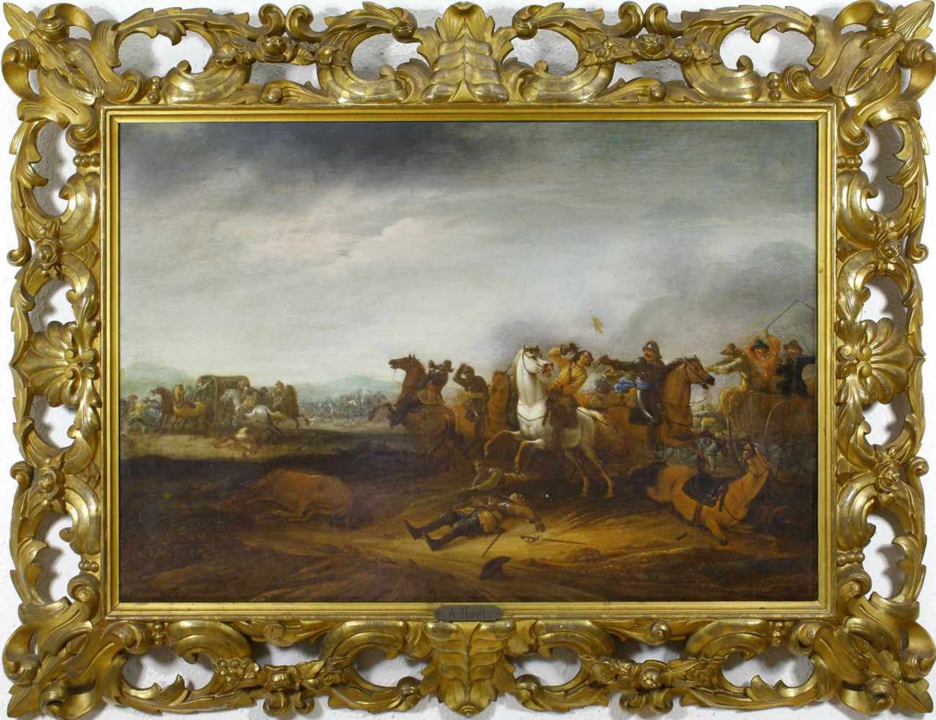 Hoef, Abraham van der (1611/12 Haarlem - 1666) Reiterschlacht. Öl auf Holz. 57,5 x 83,5 cm. Rechts
