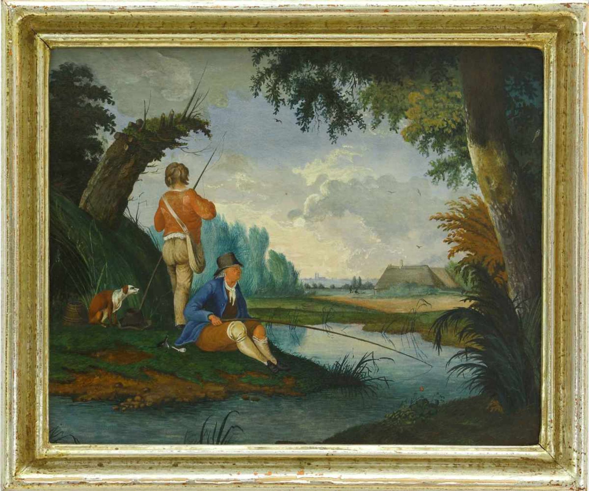 Kobell, Jan II (1778 Delfshaven/Rotterdam - 1814 Amsterdam) zugeschr.Landschaft mit Anglern. Öl - Bild 2 aus 3