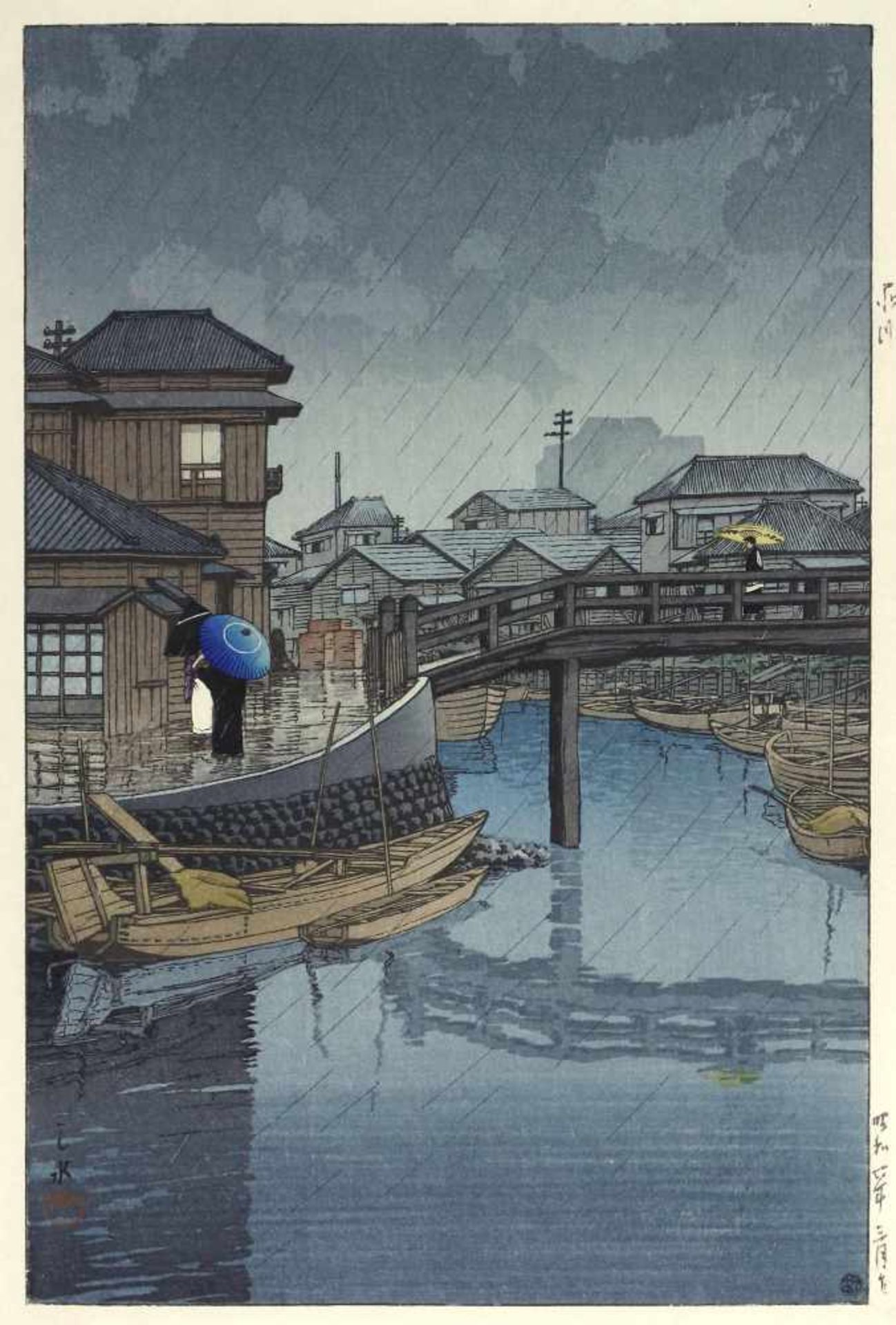 Japanischer Farbholzschnitt, Hasui, Kawase (1883 - 1957) Shinagawa. Farbholzschnitt auf Japan. 38,