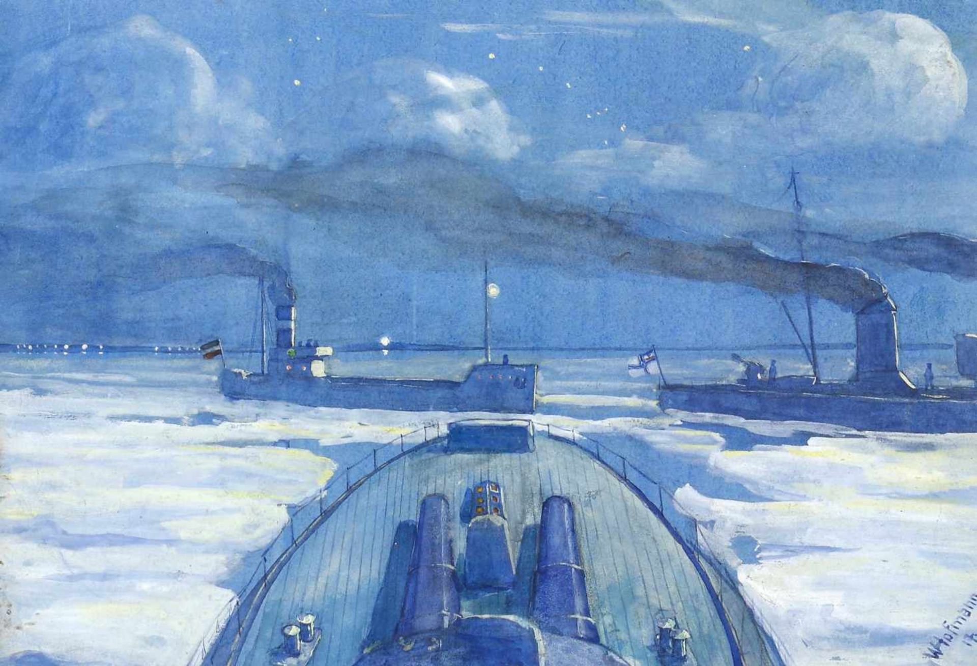 Hofmann, Walter (1893 Linda/Sachsen)U-Boote auf See an einem Winterabend. 1917. Aquarell auf Karton.