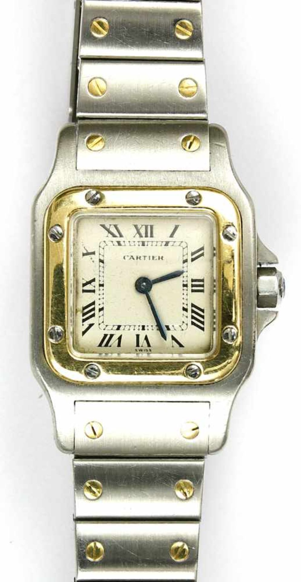 Uhr, Damenarmbanduhr, Santos de Cartier, Stahl/Gold, Quartz, ca. 1990 Gehäuse, ca. 24 mm,