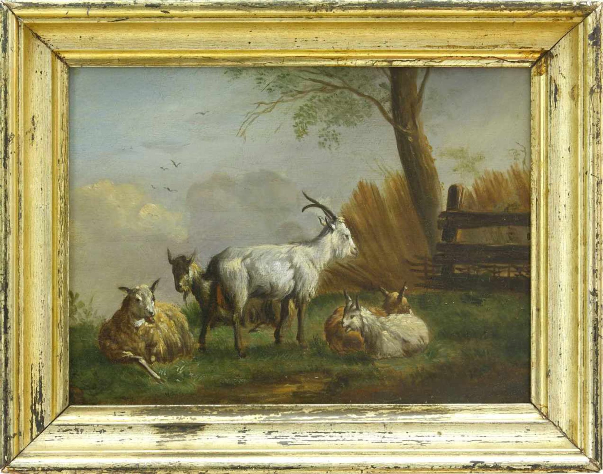 Maler des 19. Jh.Schafe und Ziegen auf der Weide. Öl auf Holz. 19,2 x 25,8 cm. Signiert B. Iben. - Bild 2 aus 3
