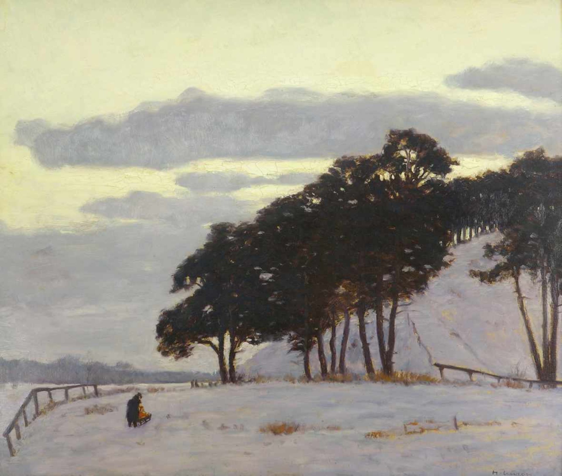 Kuron, Herbert (1888 Breslau - 1951 Berlin)Bei Schildhorn. Winterlandschaft. Öl auf Malpappe. 52,5 x