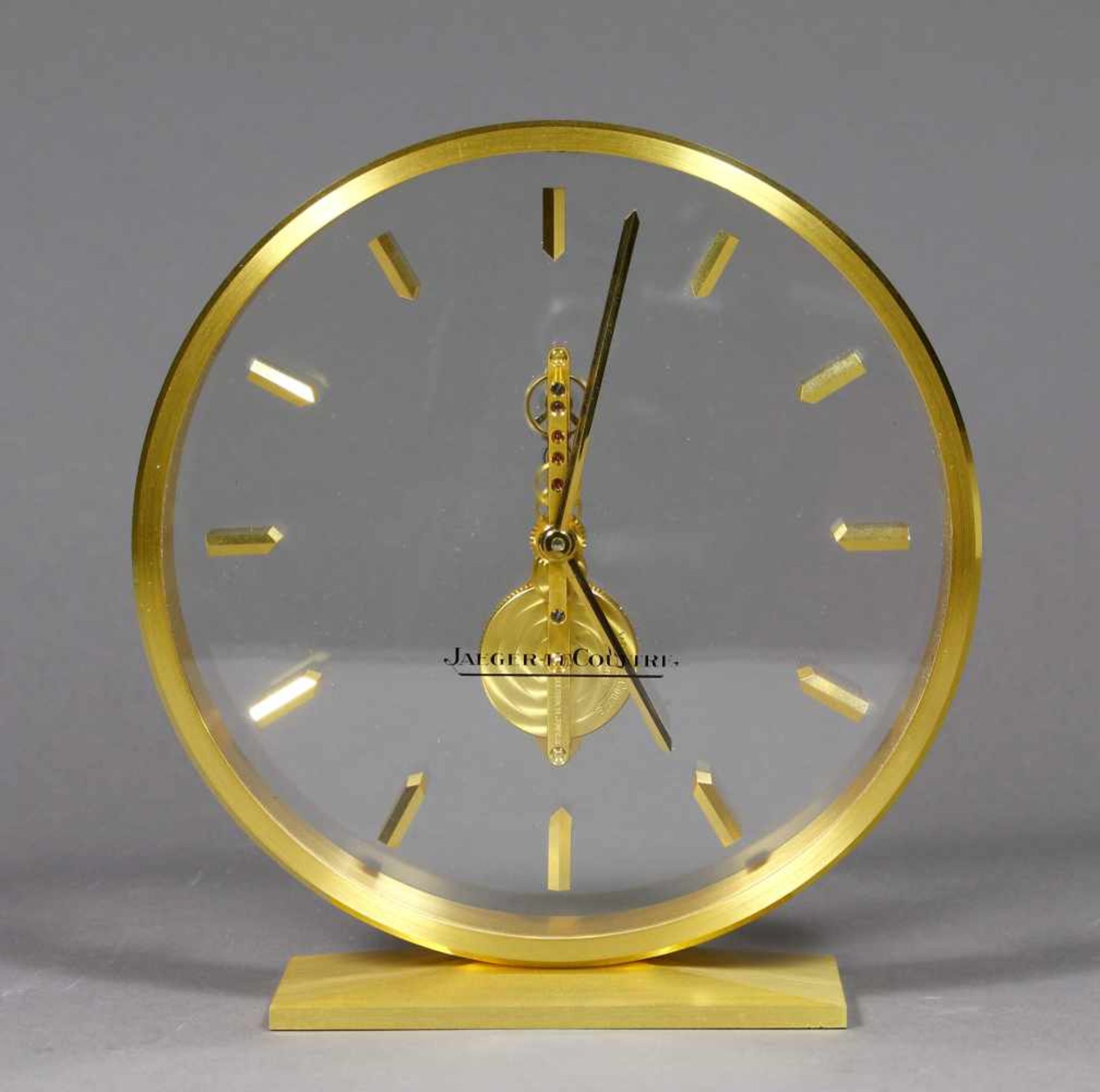 Uhr, Tischuhr, Jaeger Le Coultre, Geneve, 1985Rundes Reifenähnliches vergoldetes Messing -