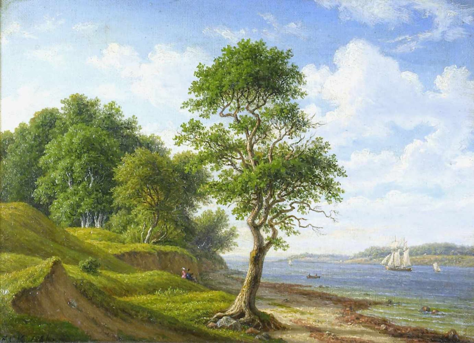Kiaerskou, Frederik Christian (1805 Kopenhagen - 1891 ebd.)Sommerlich bewaldete Uferlandschaft mit