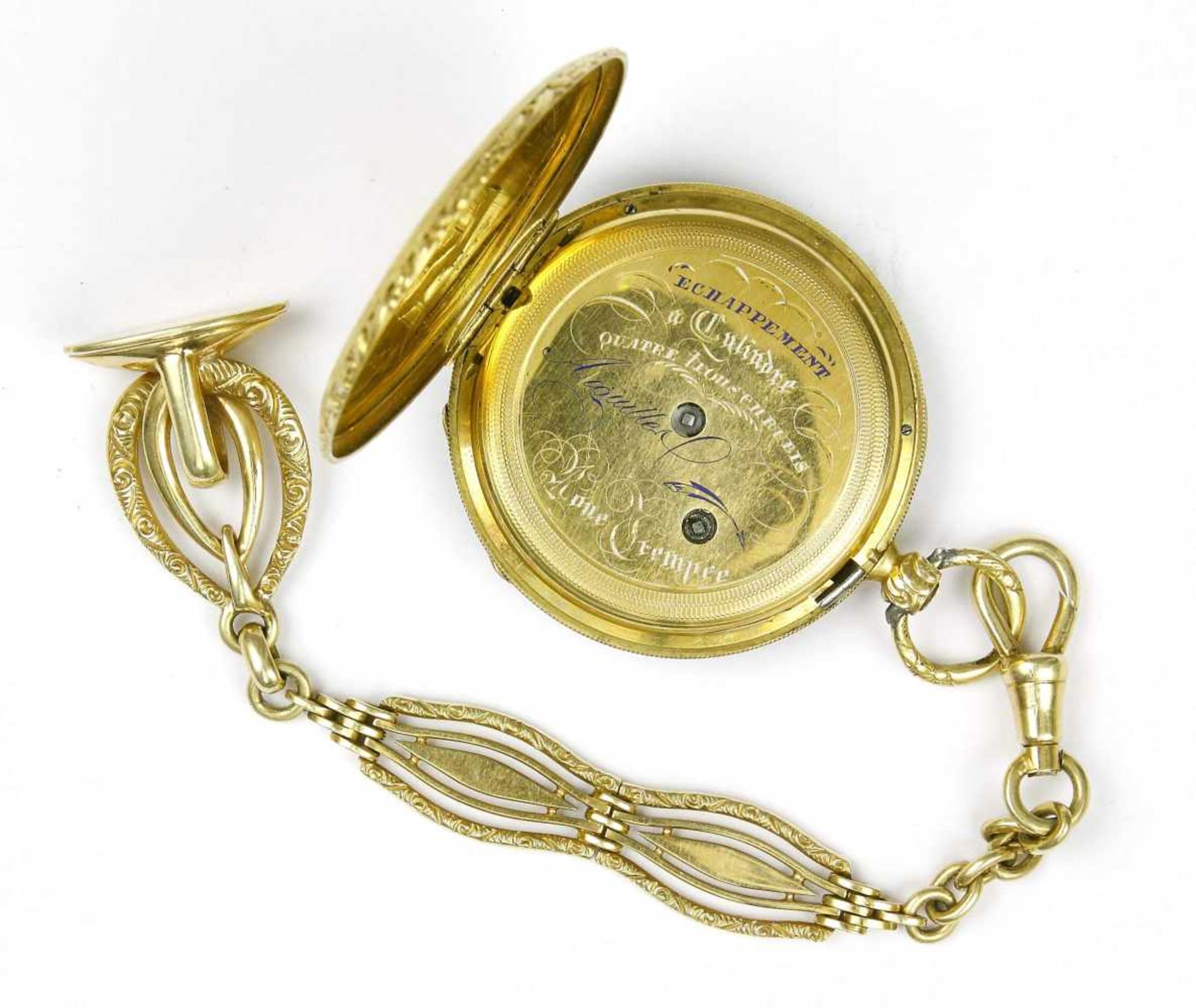 Uhr, Taschenuhr, 750er GG., Aiguilles, 19. Jh.Echappment a Cylindre. Schlüsselaufzug. D 3,8 cm. - Image 2 of 2