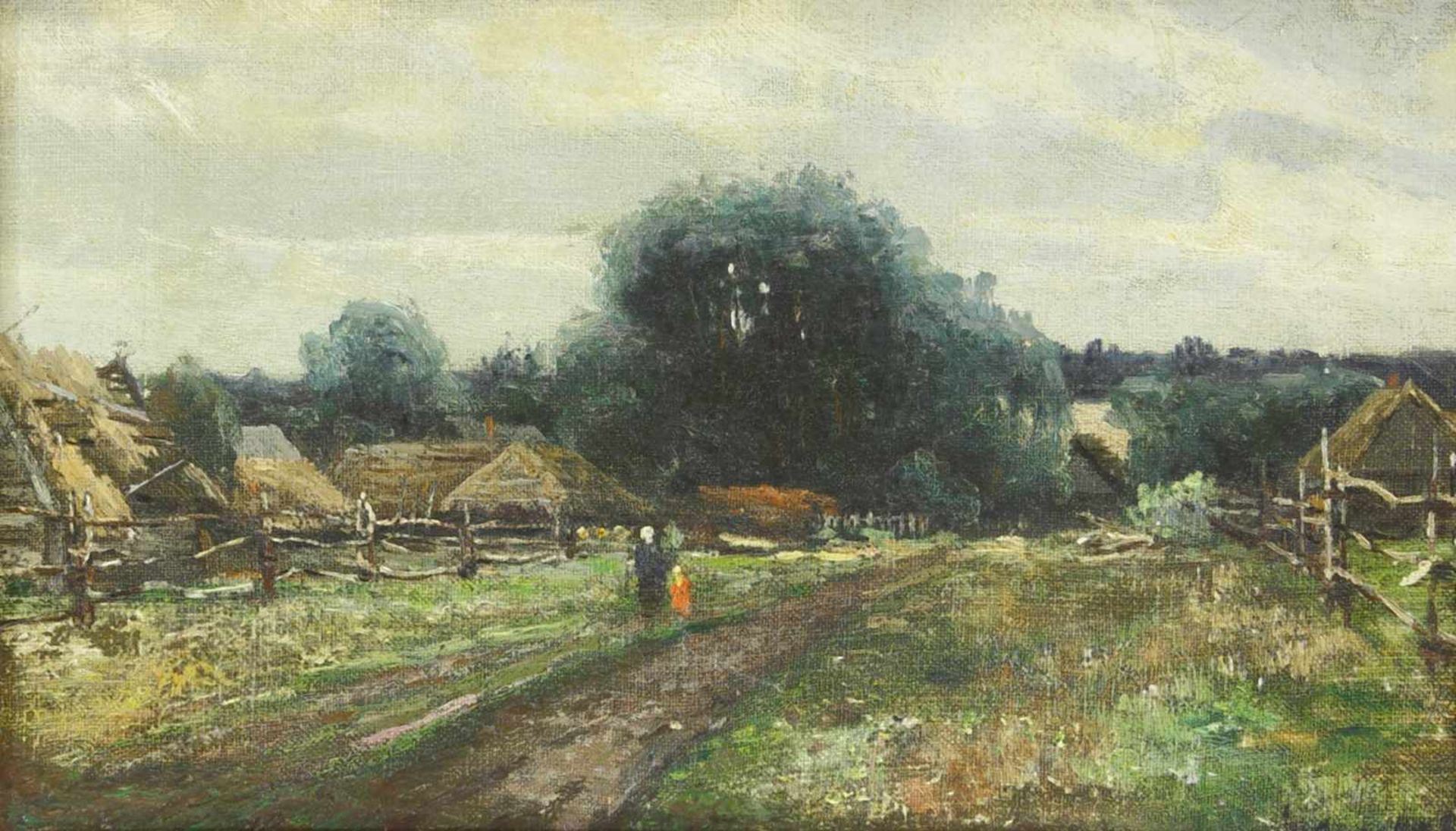 Vasilev (Russischer Maler, Ende 19. Jh.)Dörfliche Landschaft mit Personen am Weg. 1898. Öl auf