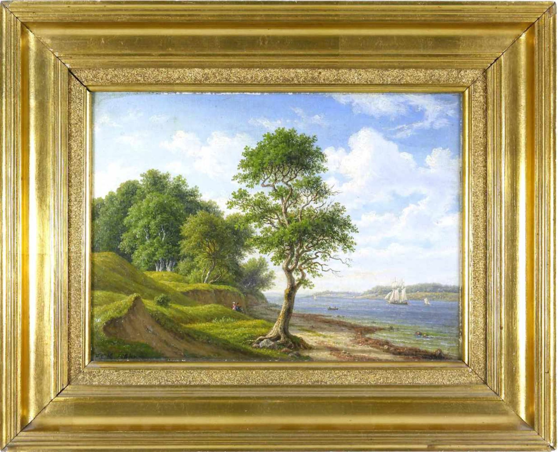 Kiaerskou, Frederik Christian (1805 Kopenhagen - 1891 ebd.)Sommerlich bewaldete Uferlandschaft mit - Bild 2 aus 3