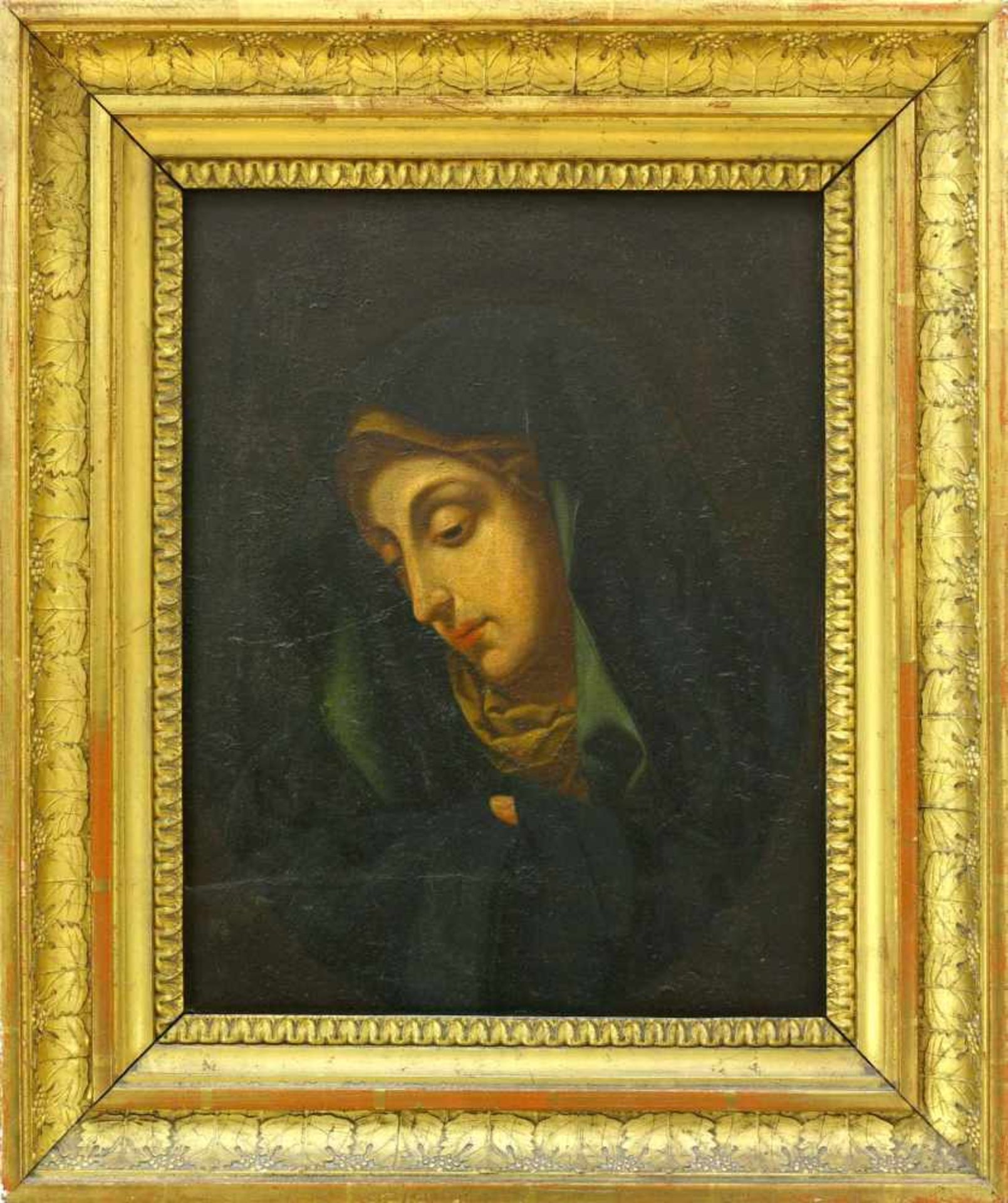 Maler, 18. Jh., wohl SpanienMadonna, den Blick nach unten gerichtet. Öl auf Holz. 27,2 x 21,2 cm.