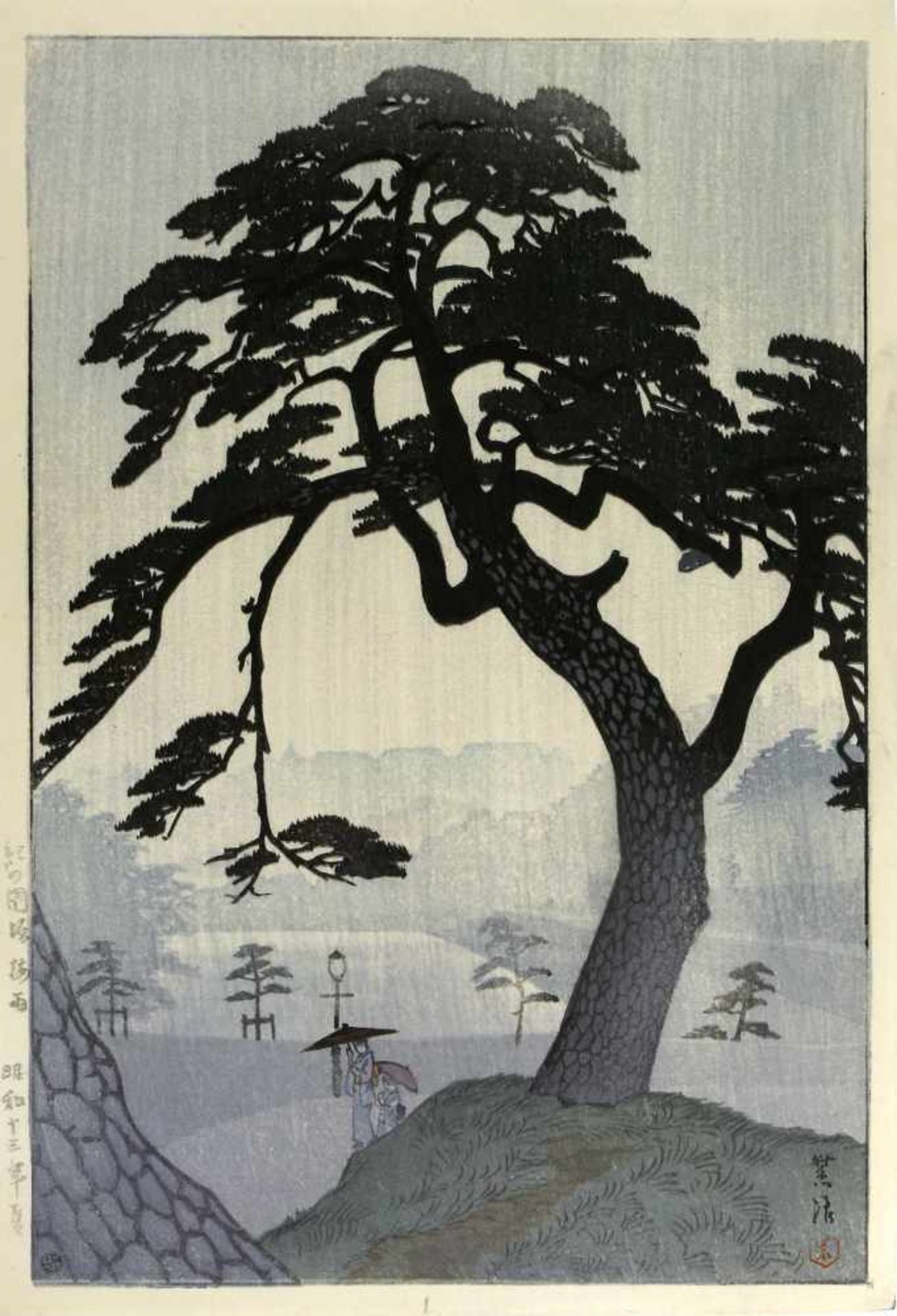 Japanischer Farbholzschnitt, Shiro, Kasamatsu (1898 - 1991)Kinokunizaka baiu (Regenzeit am