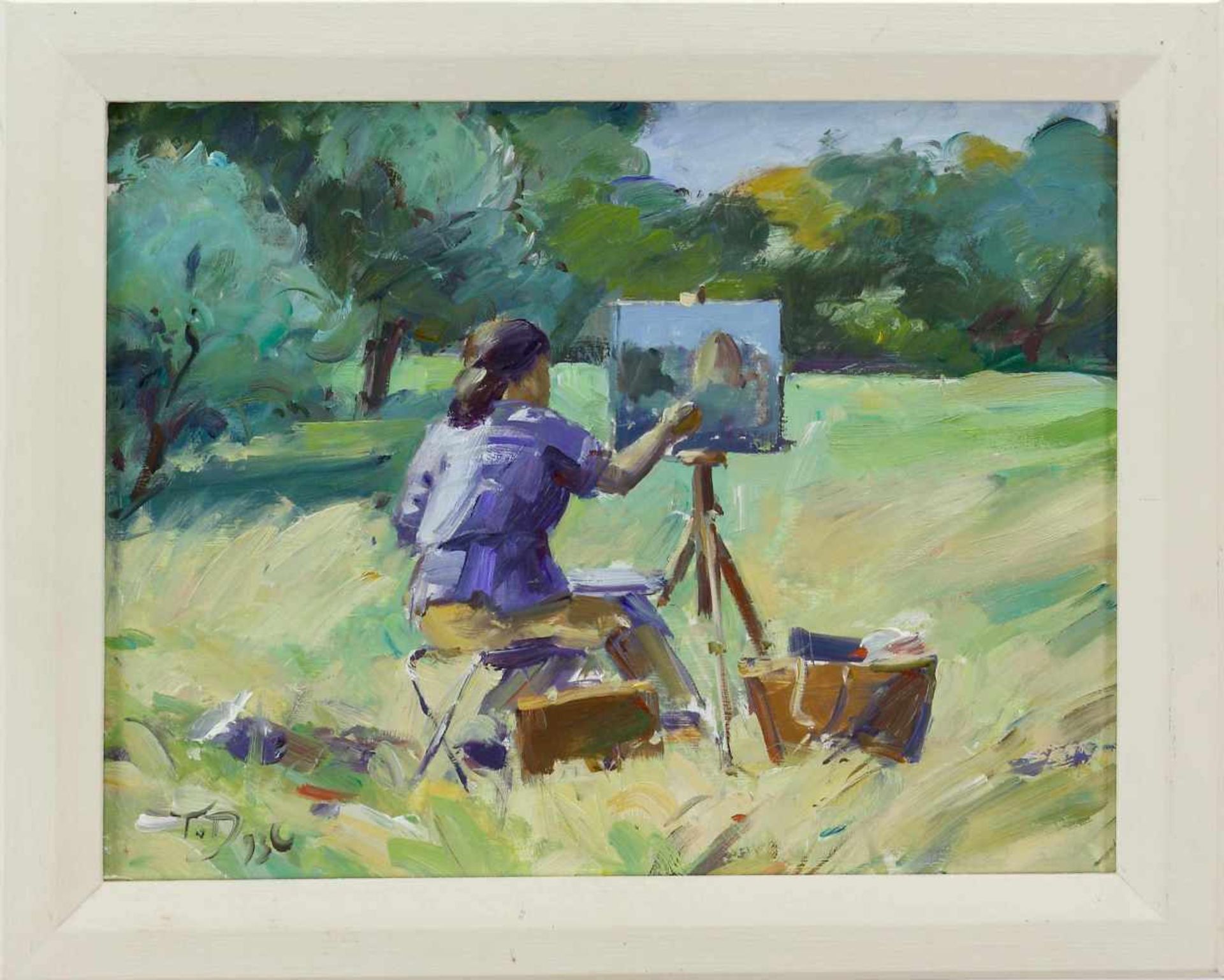 Duwe, Tobias (1961 Bad Oldesloe, lebt in Großensee)Malerin im Freien. 1993. Öl auf Hartfaser. 27 x - Image 2 of 2