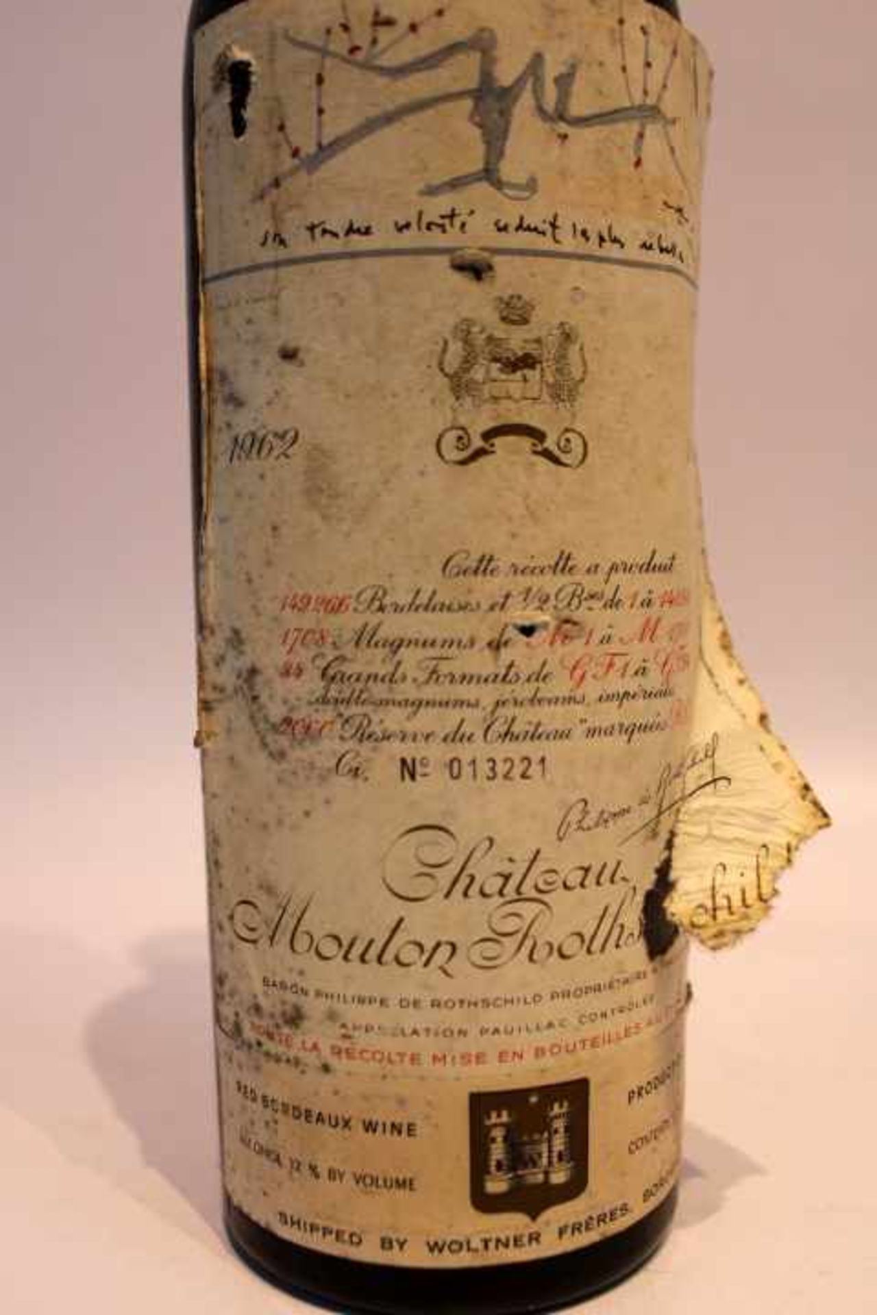 Rothschild Chateau MoutonOriginal Abfüllung von 1962Flasche Verschlossenminimaler - Bild 2 aus 2